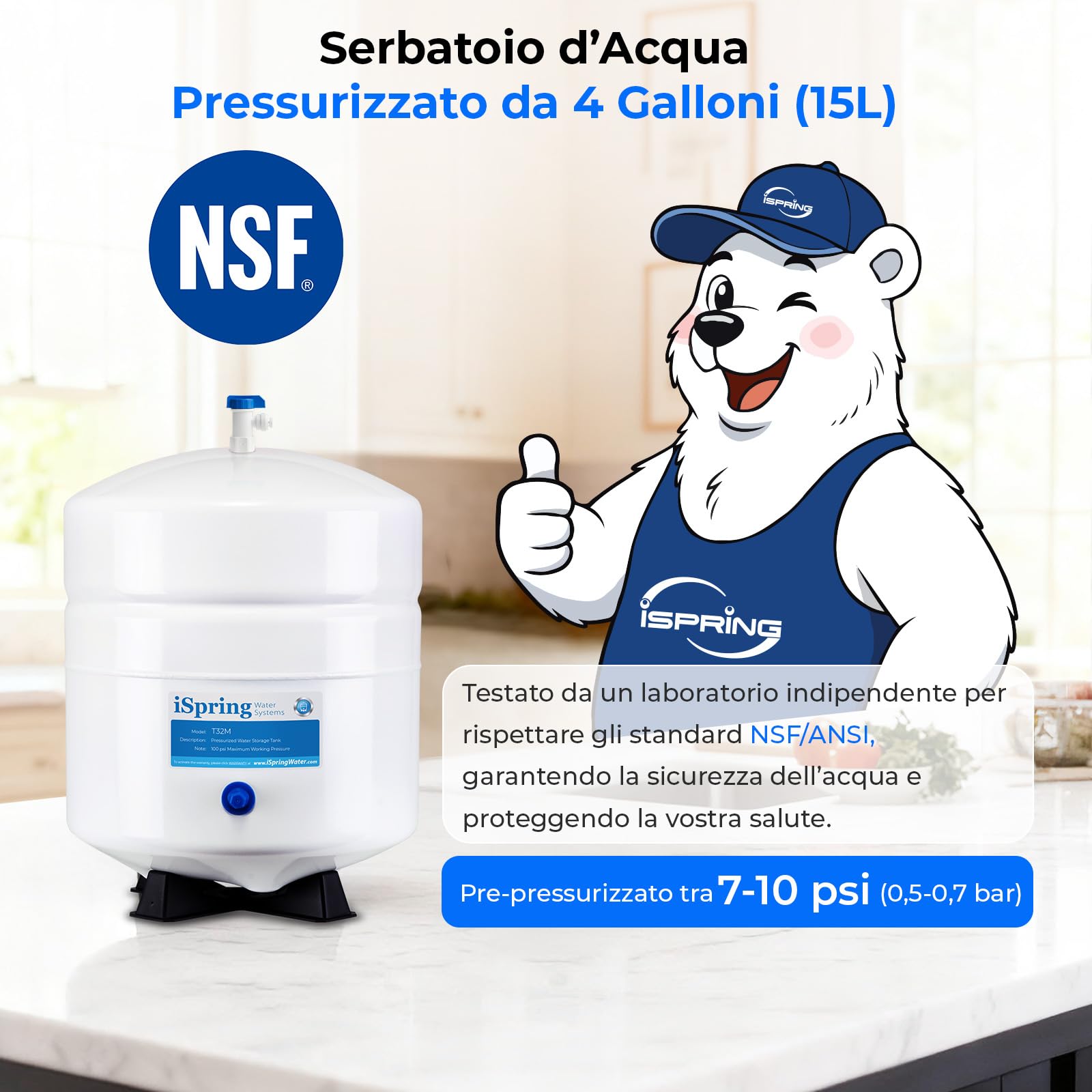 iSpring T32M Serbatoio di Stoccaggio dell'acqua Pressurizzato con Valvola a Sfera per Sistemi ad Osmosi Inversa, 4 Galloni, Valvola del Serbatoio da 1/4" Inclusa