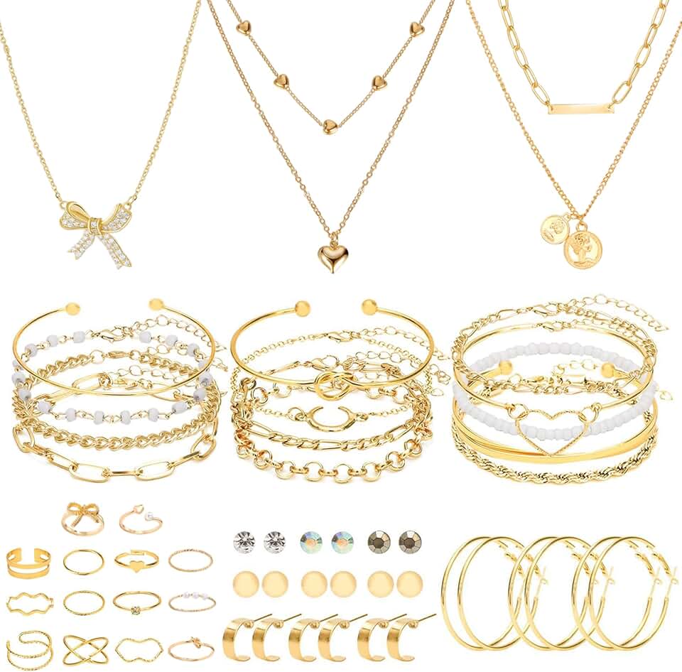 JSTHHTT 54 Stück Schmucksets für Damen, Schmuckset Gold, Schmuck Set Damen, 3 Halsketten, 14 Ringen,