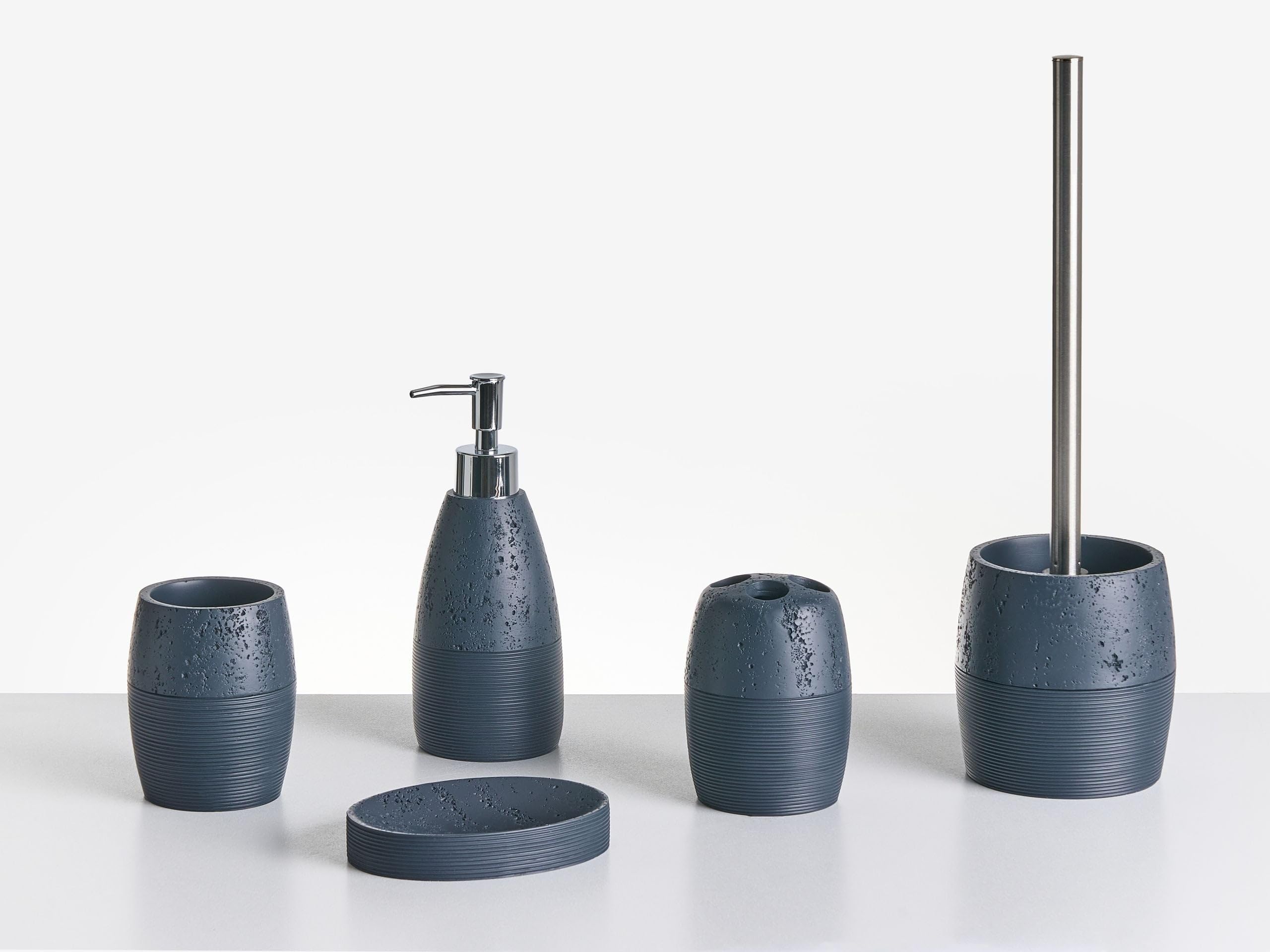 Conjunto de 5 Accesorios de baño jabonera dispensador de jabón escobilla de Inodoro Vaso Soporte para cepillos de Dientes Azul Oscuro Yarapa