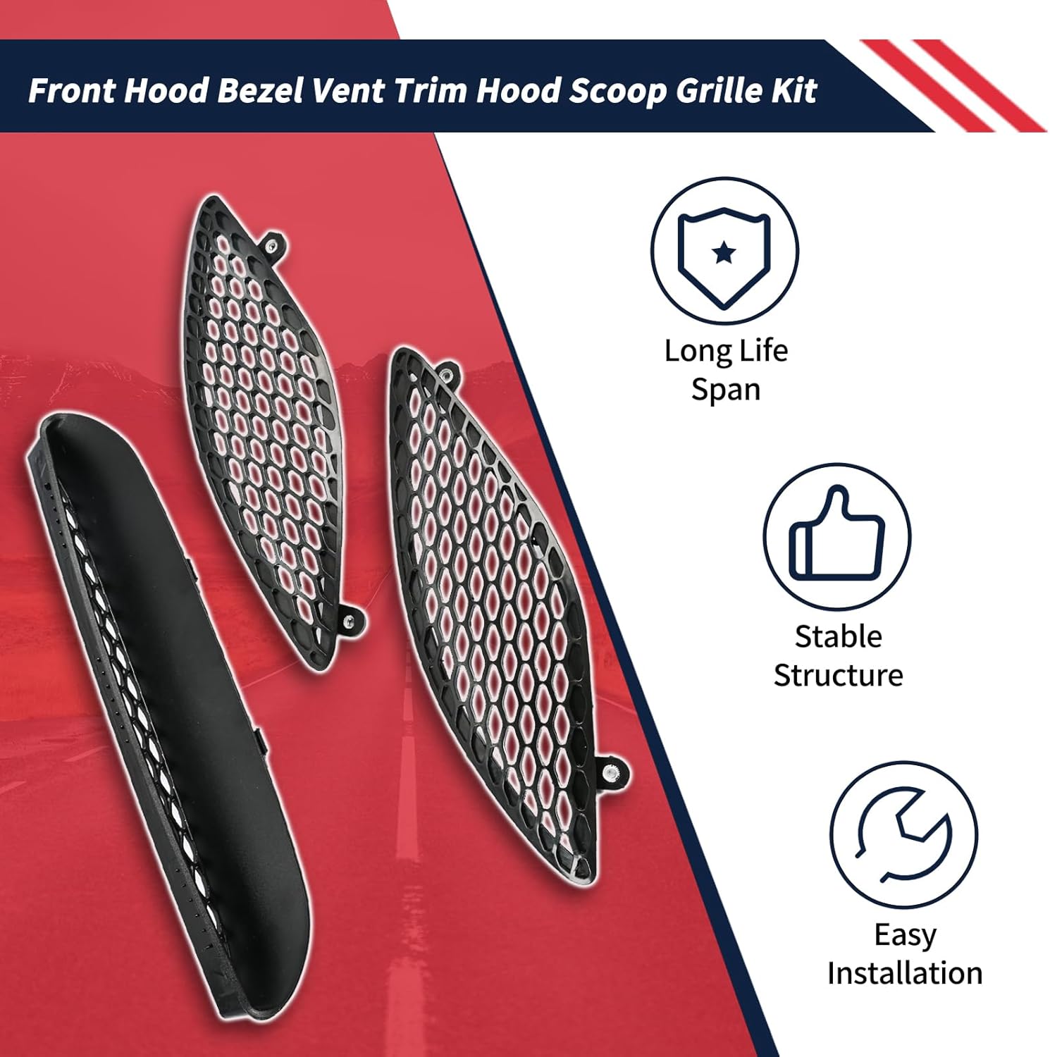 Front Hood Bezel Vent Trim Hood Scoop Grille Kit Fit for Dodge Charger SRT Hellcat 2015-2020, 68202581AA 68202580AA 68202462AA Hood Bezel 3PCS (Left ＆ Right Side + Centre) Plastic Replacement