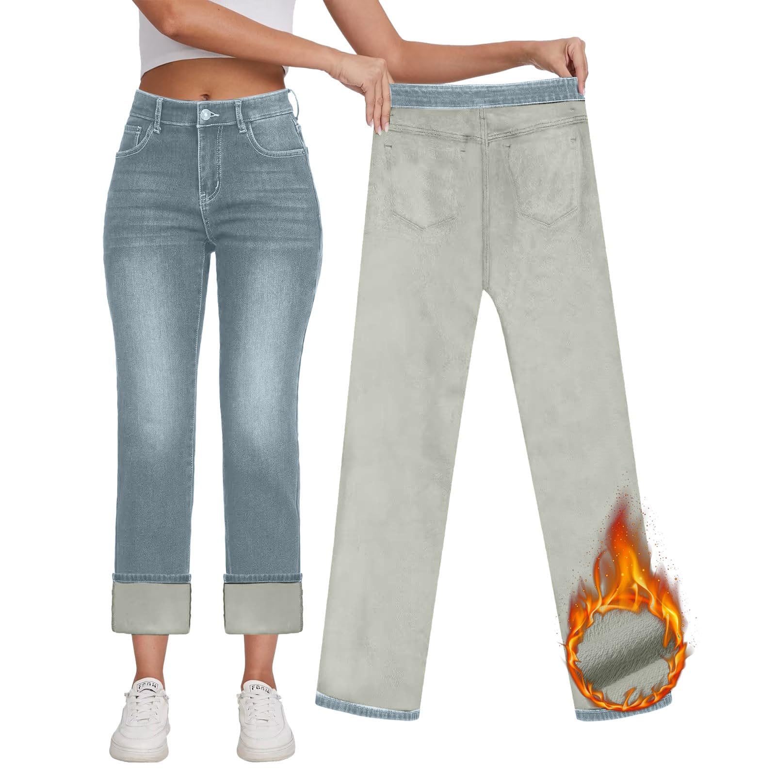 Generisch Pantalones vaqueros térmicos para mujer con forro polar y cintura recta, pantalones vaqueros de invierno con forro polar