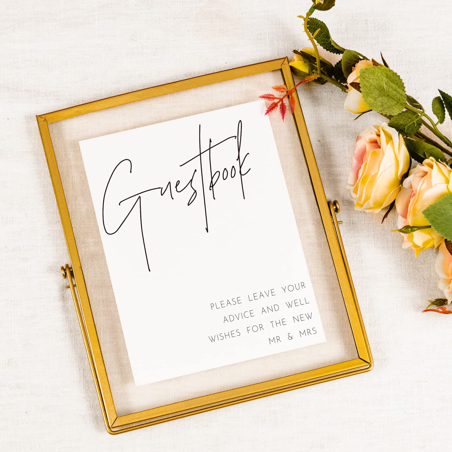Calculs Soporte de letrero dorado para libro de visitas alternativo, marco de vidrio de metal para menú, soporte de 8 x 10 pulgadas para letrero de mesa de fiesta de boda