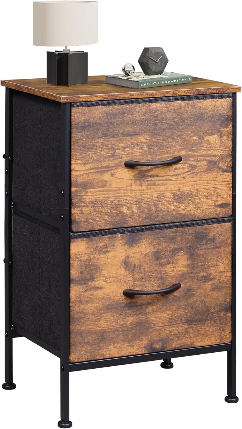 WLIVE Bedside Table with 2 Drawers, Bedside Cabinet with Storage and Metal Frame, Bed Side Table for Bedroom, Living Room, Small Spaces (Rustic Brown, Bedside Table)