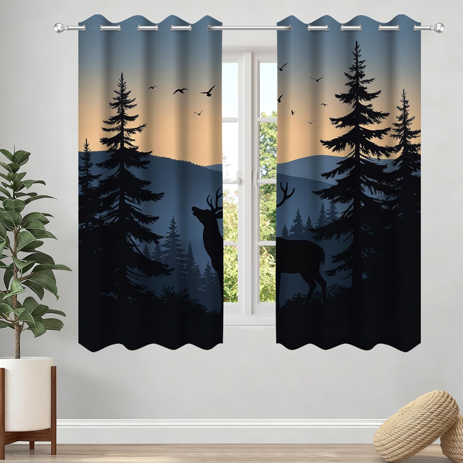 Rustic Cabin Deer Curtains Farmhouse Country Forest Animal Pine Tree Blackout Curtain Mountain Birds Sunset Camping Grey Blue Grommet Window Drapes 42W X 63L Inch 2 Panels