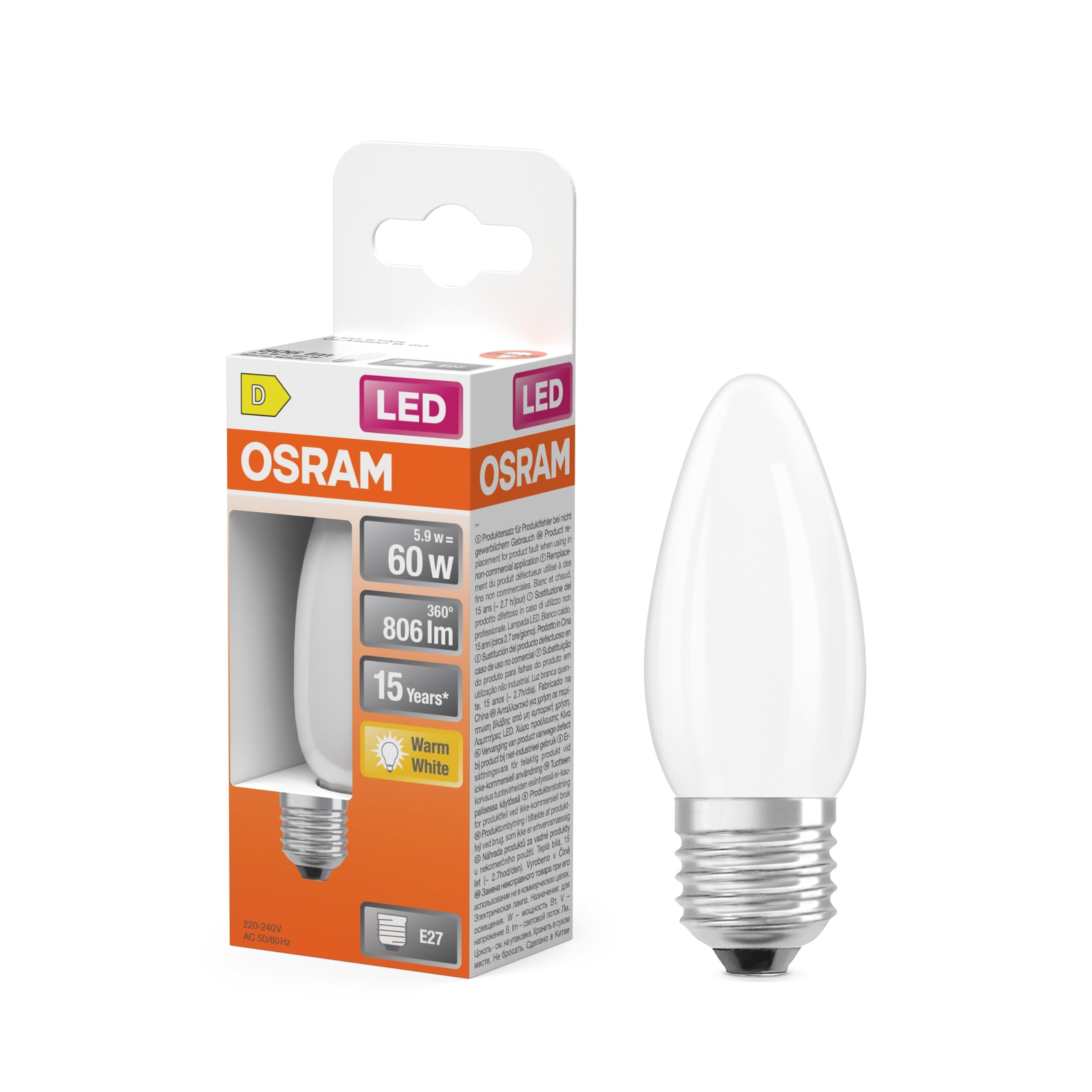 Osram LED Star Classic LED-lamp in klassischer Minikerzenform, weiß, warmweißes Licht (2700 K) mit 5.5W / 806 lm, aus gefrostetem bleifreiem Glas, E27 sockel, IP20, EEK D, 35 mm Durchmesser.