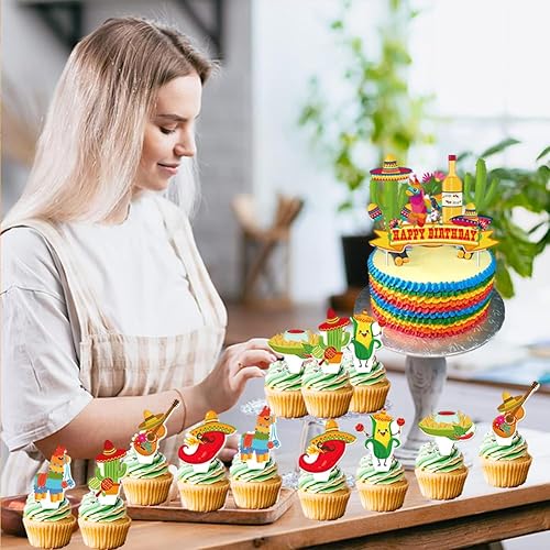 Miniatura 5 de 25 piezas de suministros de fiesta de pastel mexicano, decoración de cupcakes para fiesta de cumpleaños mexicana para niños, regalos de fiesta de