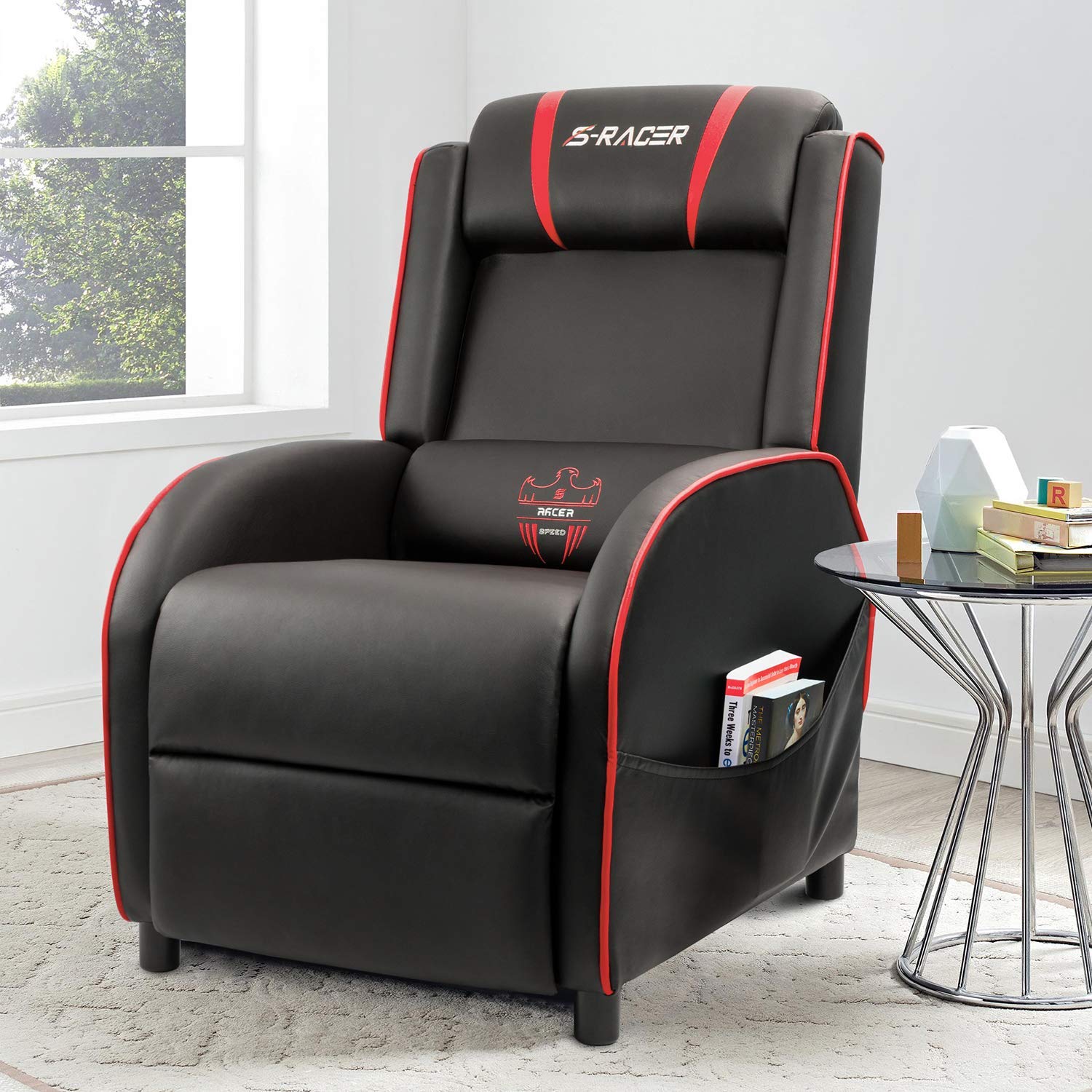 HomallGaming Recliner Chair Single Living Room Sofa Recliner Black PU Leather Recliner Seat (Red/Black)