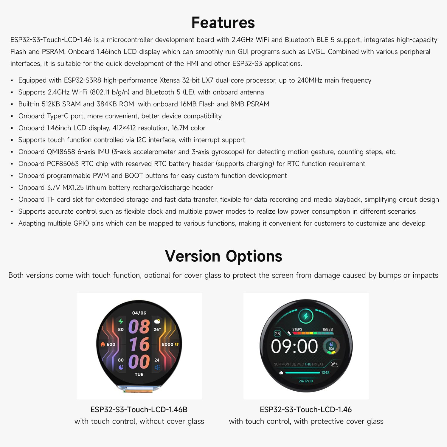 Waveshare ESP32-S3 1.46inch Round Display Development Board, 412x412, Supports Wi-FI & BLT, Accelerometer and Gyroscope Sensor, Onboard Speaker and Microphone, Without Protective Cover Glass