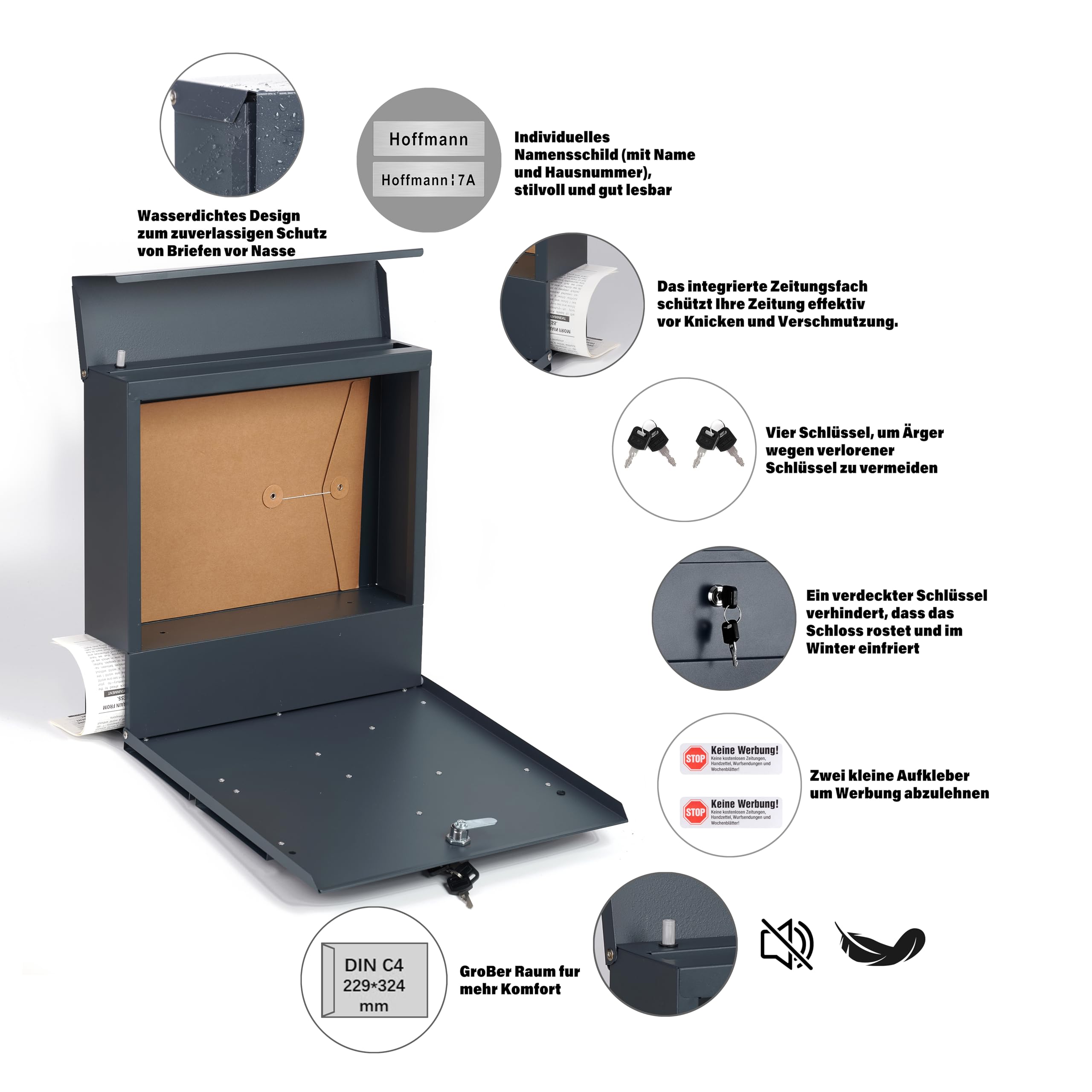 Zedelmaier XXL personalisiert Briefkasten mit Edelstahl Namensschild Wandbriefkasten Postkasten briefkästen mit Schloss Mailbox inkl. 4 Schlüsseln Letter Box Anthrazit 10,5 X 35 X 35 cm