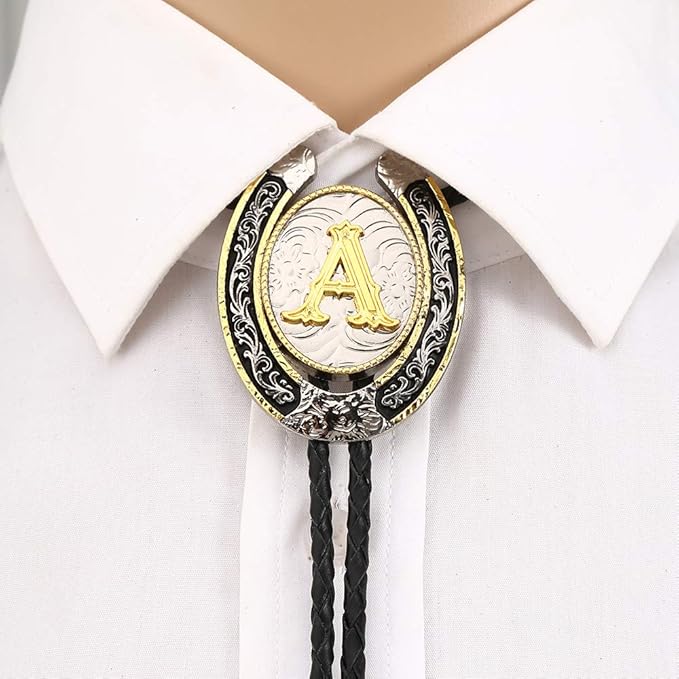 Amazon.com: Corbata de vaquero de estilo occidental, con inicial de oro de  la A a la Z, con borde plateado con diseño de herradura, Corbata Bolo, L :  Ropa, Zapatos y Joyería