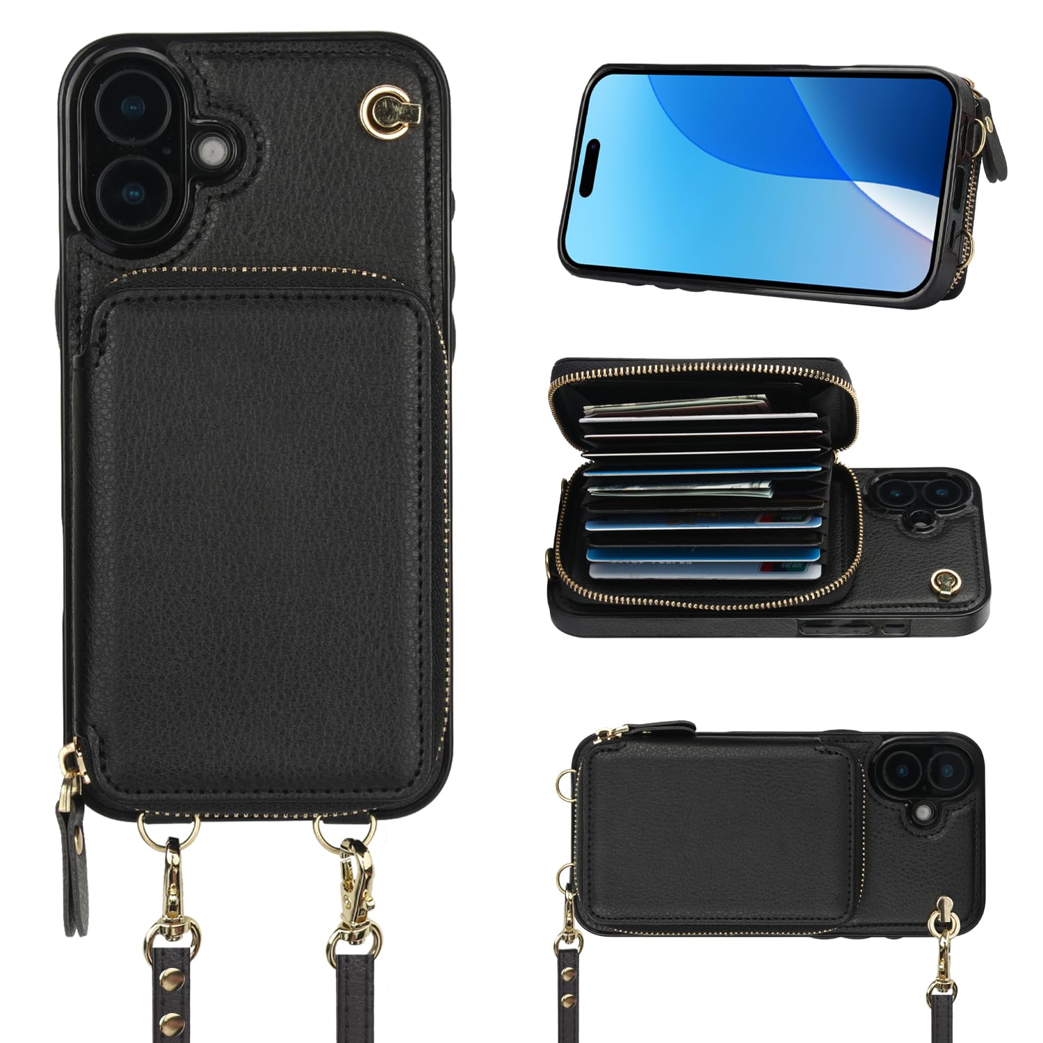 Bocasal Crossbody Wallet Case for iPhone 16 Plus, RFID Blocking Leather Purse Case with Card Holder, Protective Handbag Flip Cover with Zipper Wrist Strap Lanyard for Women 5G 6.7 Inch (Black)