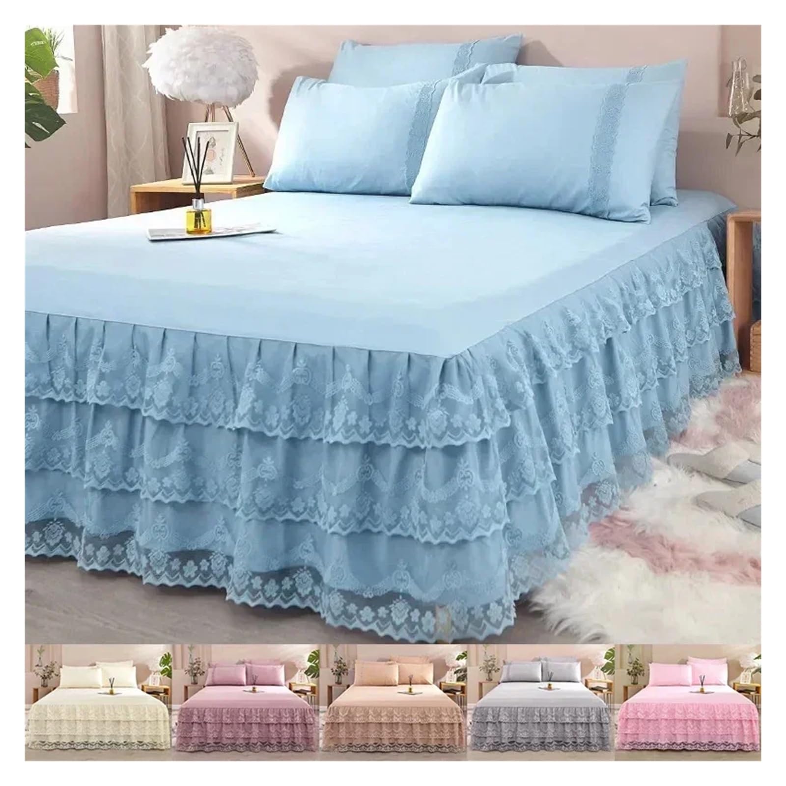 Falda de Cama de 3 Capas, Falda de Cama con Volantes de Encaje, Funda de Cama for Dormitorio, Falda de Cama, Funda de colchón Antideslizante, sábana, Colcha, 1 Unidad(Khaki,1pc 150cmx200cm)