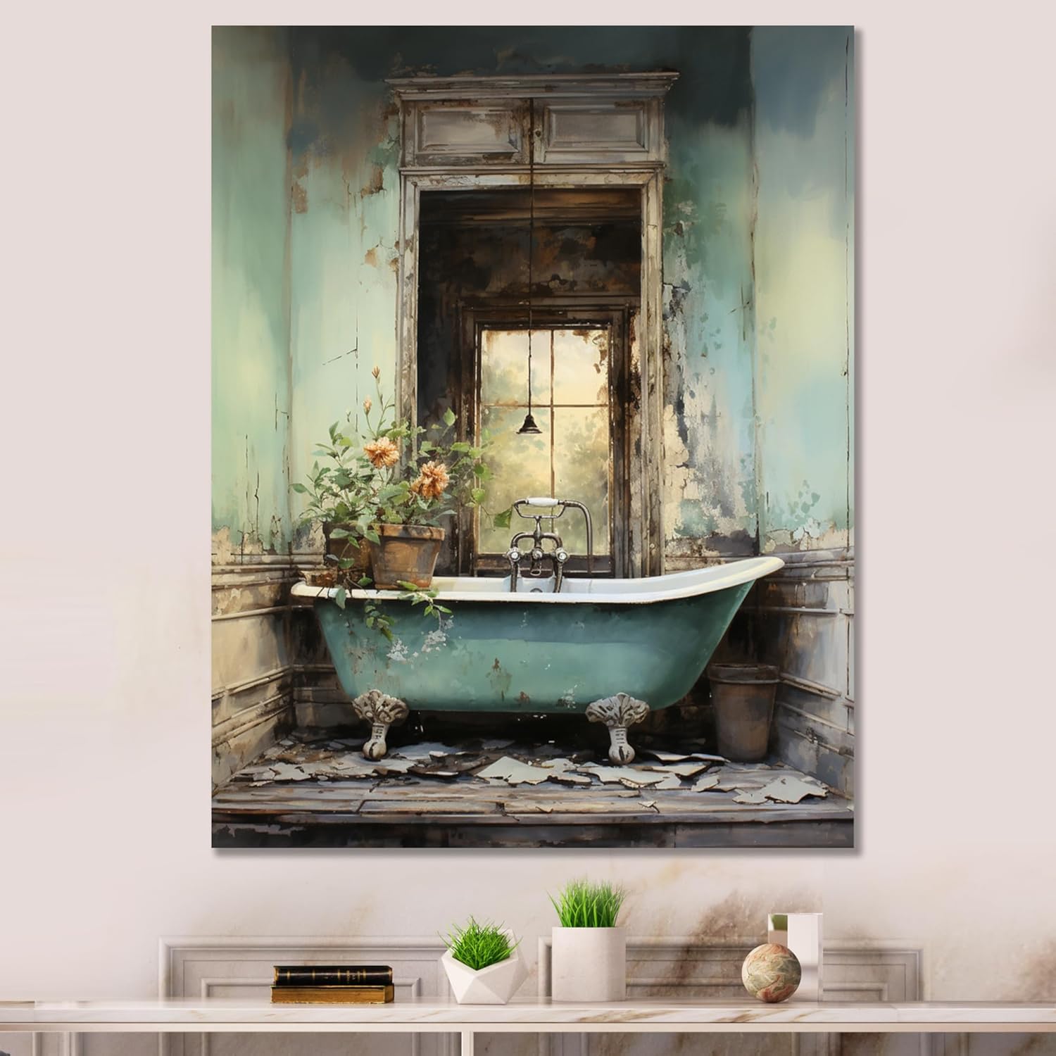 DesignQ bathroom Wall art decor, Bathroom Wall Art, Bathroom Vintage beauty I, Blue Traditional Canvas wall art, 34x44 inches