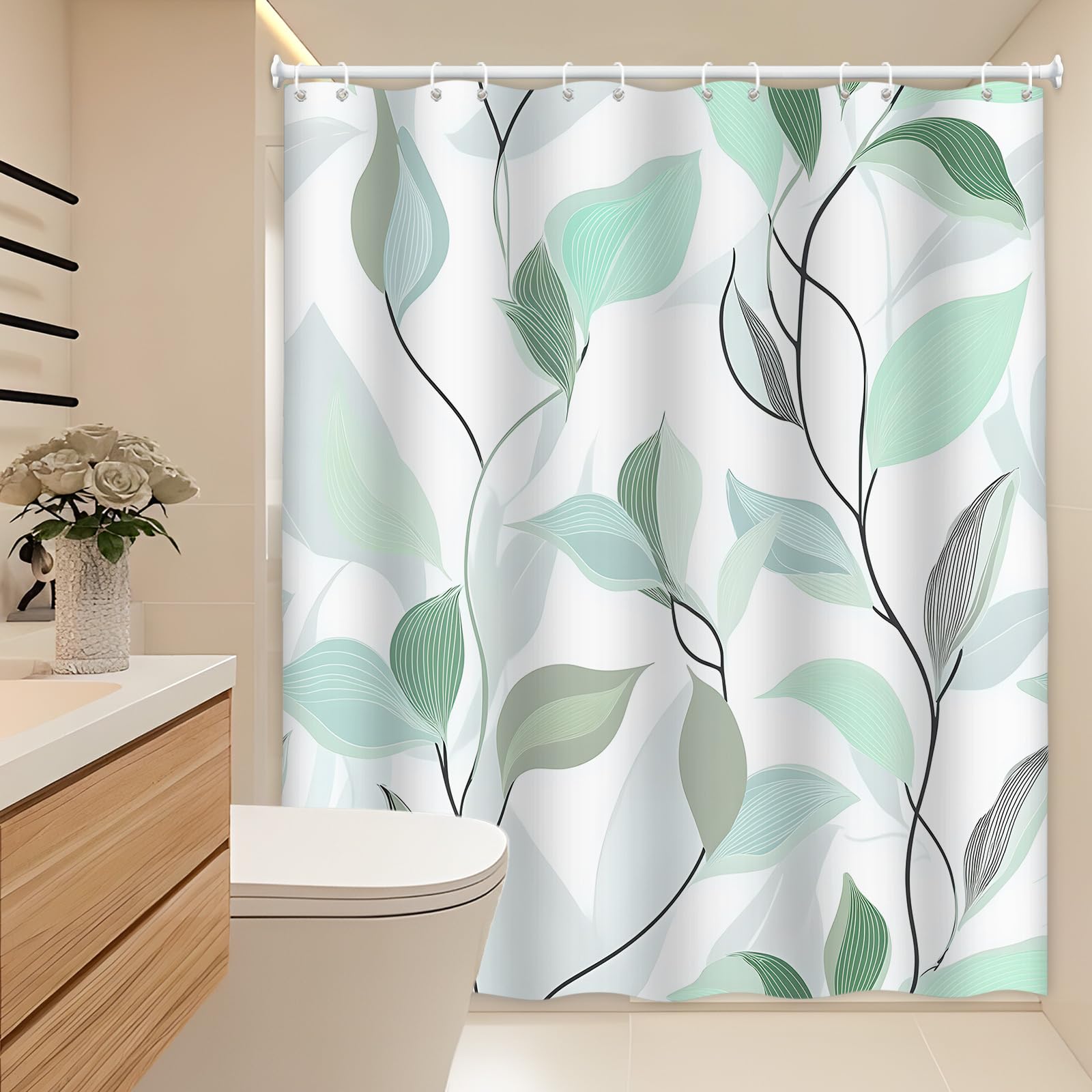 Rideau de douche botanique 180x210 cm en polyester lavable vert et gris