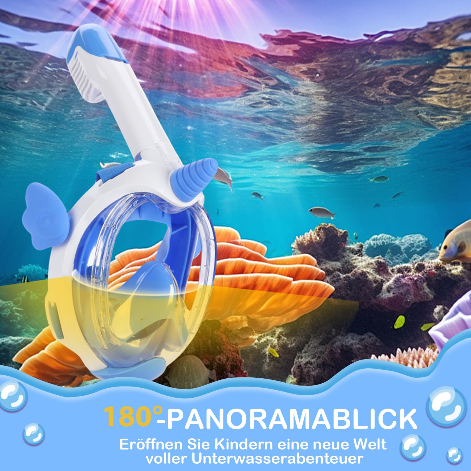 Vitare Schnorchelmaske für Kinder, 180° Panorama Tauchmaske, wasserdichte und Auslaufsichere Taucherbrille mit Schnorchel, Vollgesichts Schwimmmaske - Einhorn XS