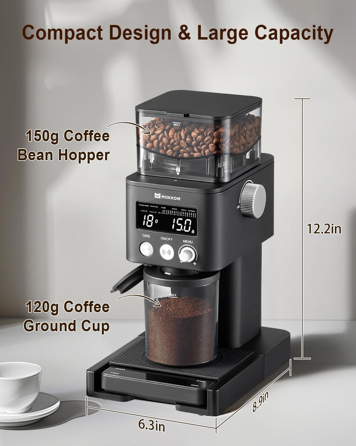 MOKKOM - Molinillo de café con báscula de café extraíble a través de conectividad Bluetooth, molino cónico antiestático, 31 ajustes precisos para expreso, goteo, vertido, cerveza fría, prensa francesa