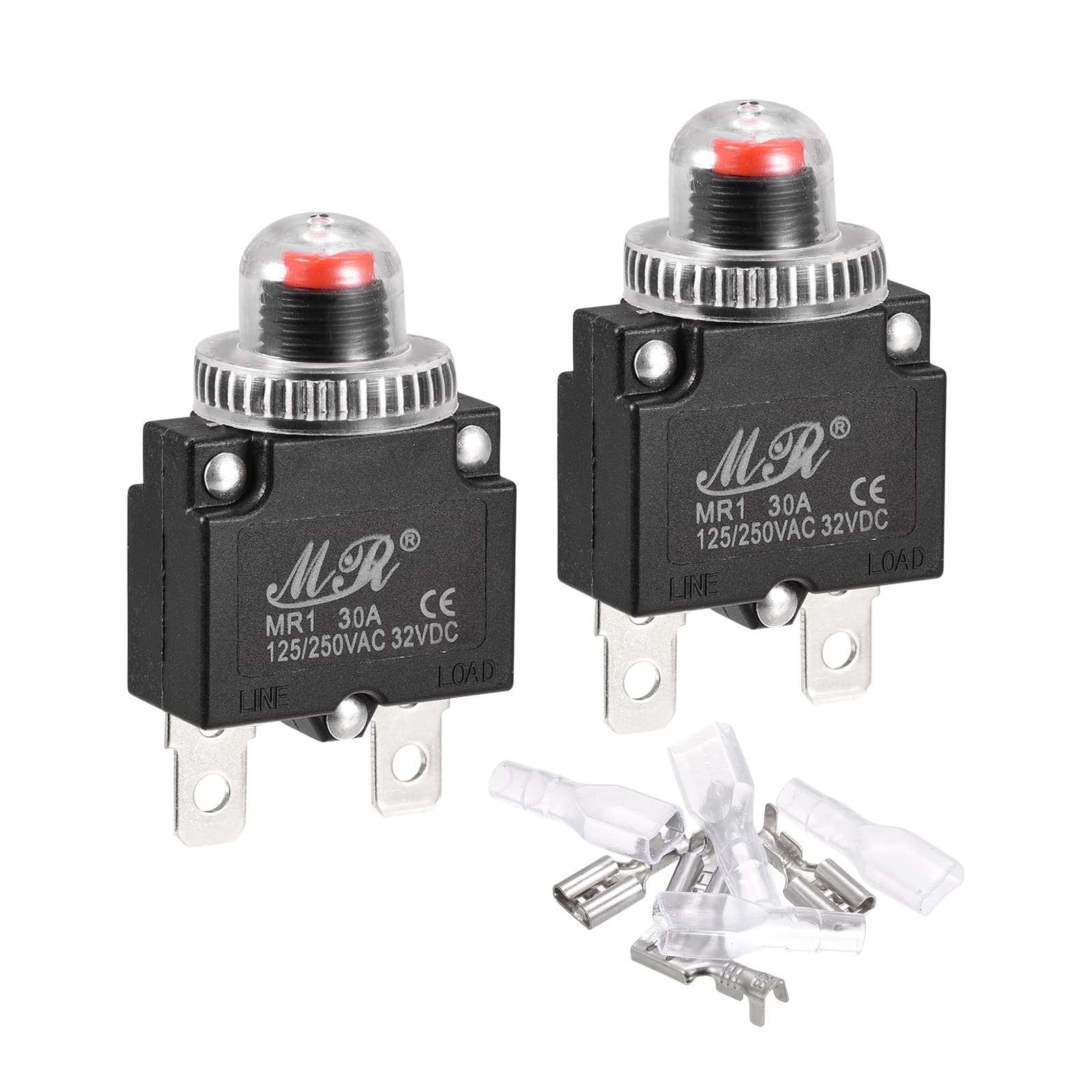 MECCANIXITY Circuit Overload Protector Kit 30A AC125/250V DC32V Push Button Thermal Circuit Breaker with Waterproof Caps 2 Set