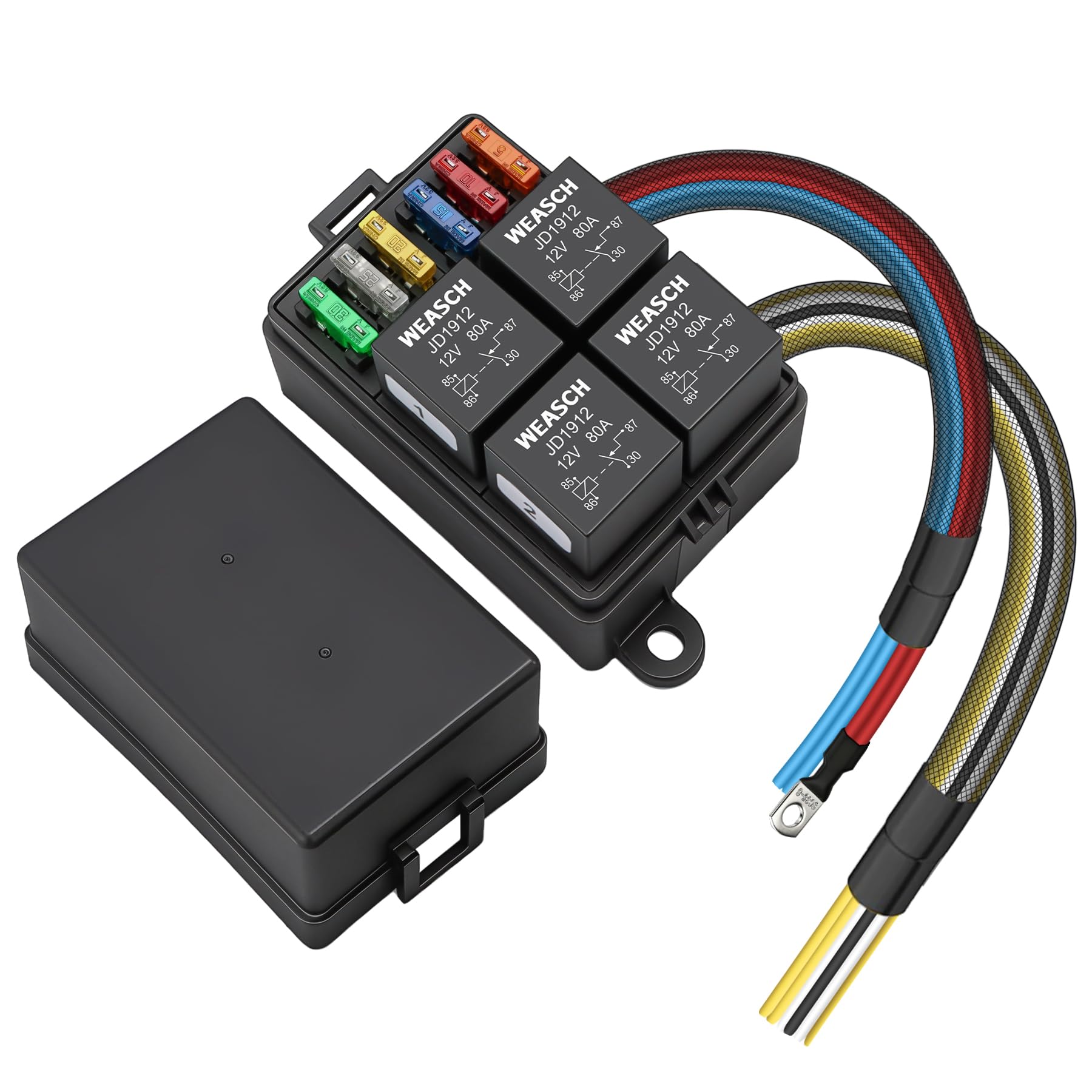 Scatola relè 12 V 80 Amp, scatola relè precablata a 6 vie, 4 relè e 6 fusibili a lama ATC/ATO, pannello relè universale, per auto, camion, jeep, barche marine