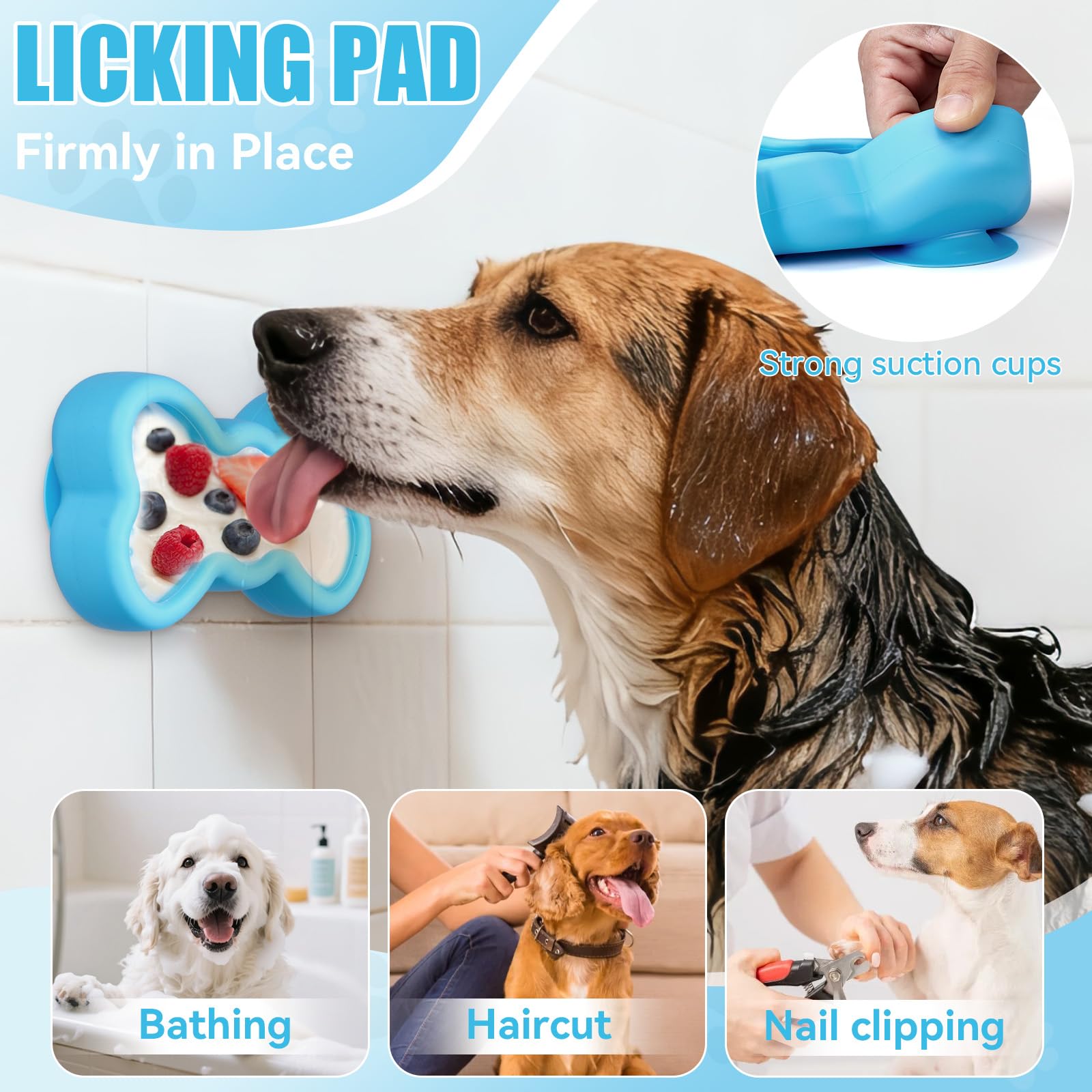 Tappetino per leccare cani, anti-fuoriuscite, con papillon, per alleviare l'ansia, in silicone, con ventose, giocattolo congelabile per l'arricchimento del cane (azzurro, L)