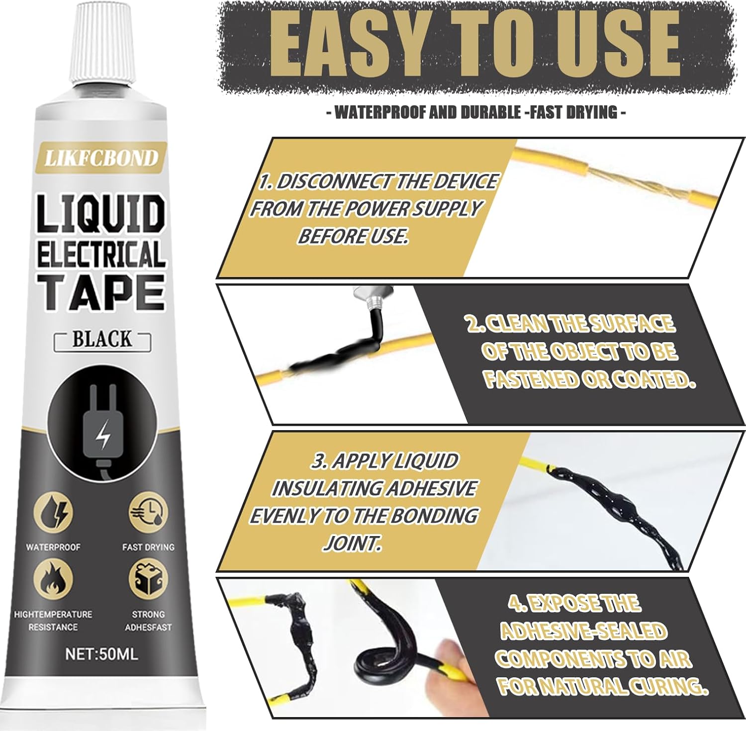 Liquid Electrical Tape Black, 100ml Liquid Electrical Glue, Insulating Tape Adhesive Waterproof Heat Resistant for Wire, Cables, Marine, Equipment（1.69floz*2）