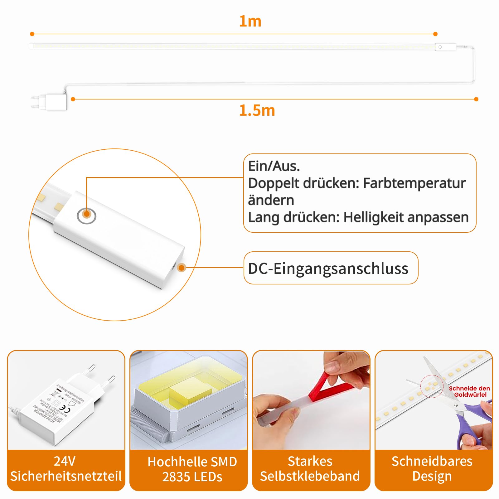 SIBI LIGHTING Lampada da incasso a LED, dimmerabile, 3 pezzi, 1 m, per cucina, autoadesiva, con telecomando, flessibile, in silicone, con alimentatore da 24 V, per cucina, camera da letto, soggiorno