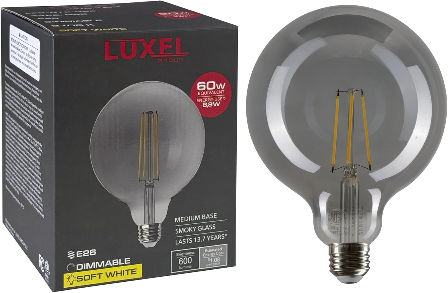 Vintage LED Edison Bulbs G40/G125-8.8W Equivalent 60W - Dimmable High Brightness Soft White 2700K Antique LED Filament Bulbs - 600 Lumens CRI 90+ - E26 Medium Base - (Smoky Glass)