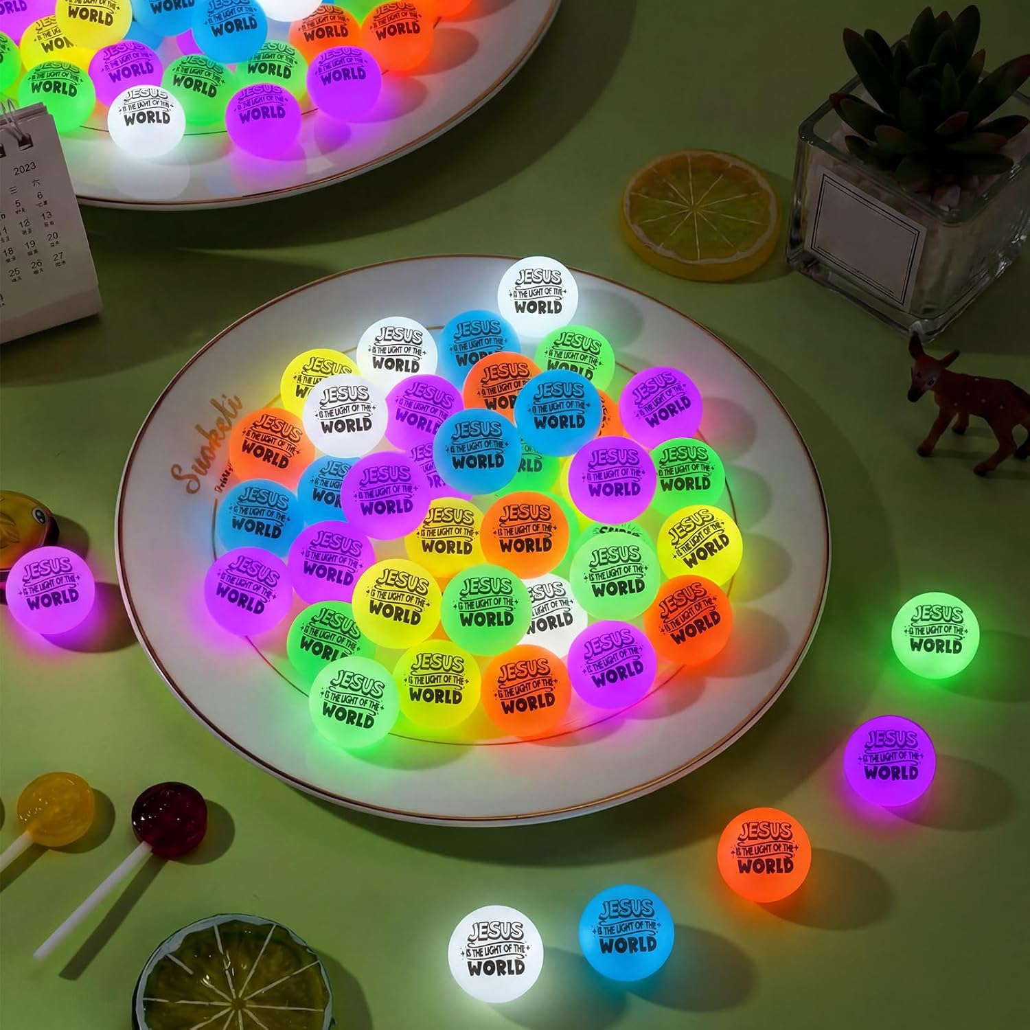 100 Pcs Christian Glow in The Dark Bouncy Balls Bulk 1.25 Inch Jesus is The Light of The World Bouncing Balls Bible Verse Christian Religious Gifts for Church Sunday School Supplies