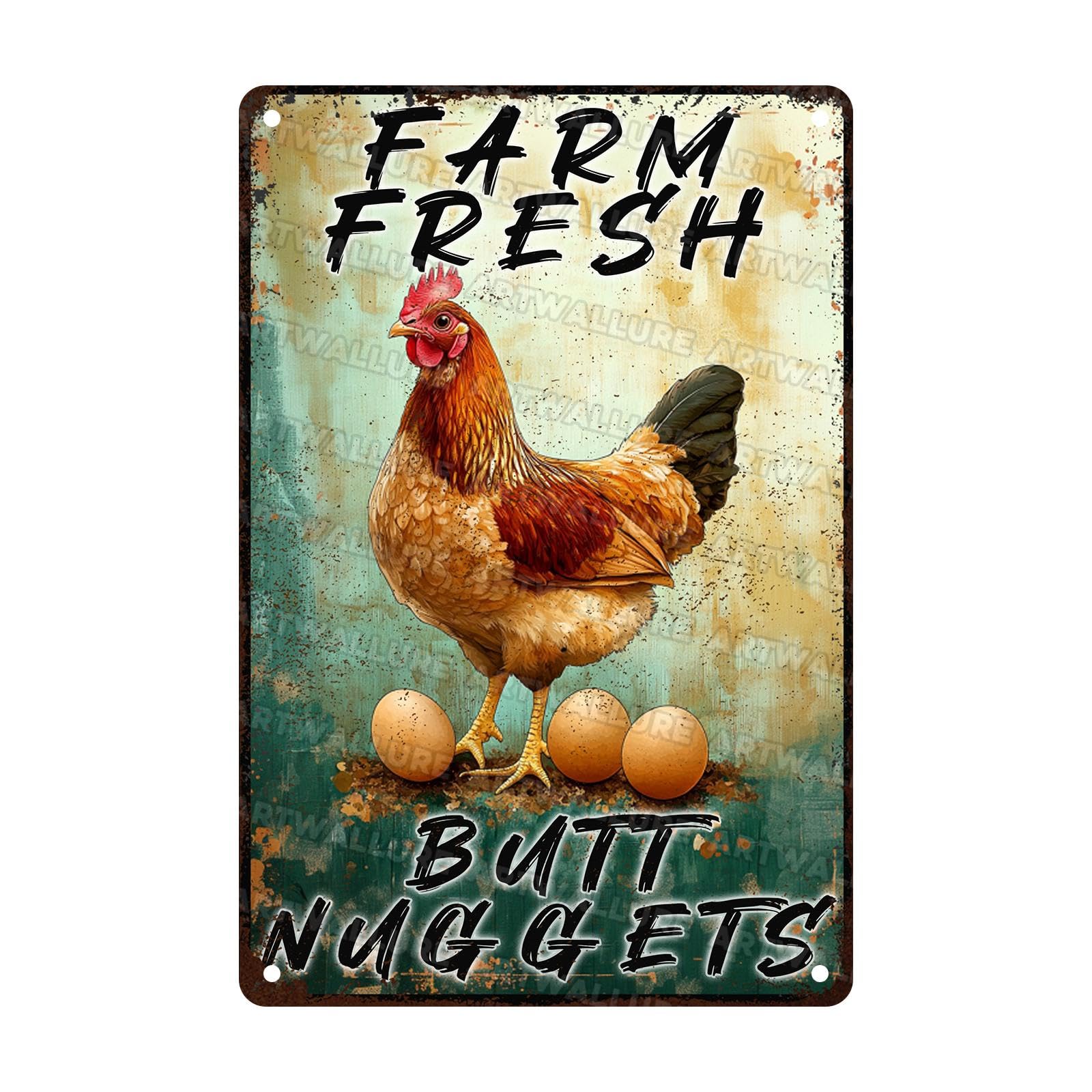 Retro Chicken Farm Metal Sign Chicken Coop Farm Fresh Butt Nuggets Metal Poster Home Garden Farmhouse Restaurant Garage Aluminium Sign Art Wall Decor 8x12Inch