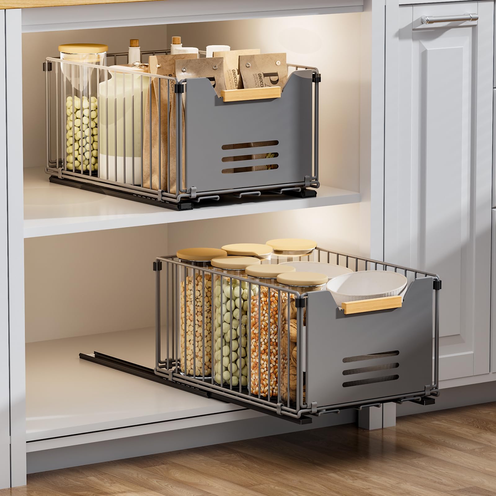 2 Pack Pull Out Cabinet Organizer, Slide Out Drawers for Cabinets, Peel and Stick, Heavy Duty Shelves for Kitchen, Cupboard, Pantry, Bathroom, Tall Style - Gray 14.76" D*9.64" W*7.48" H