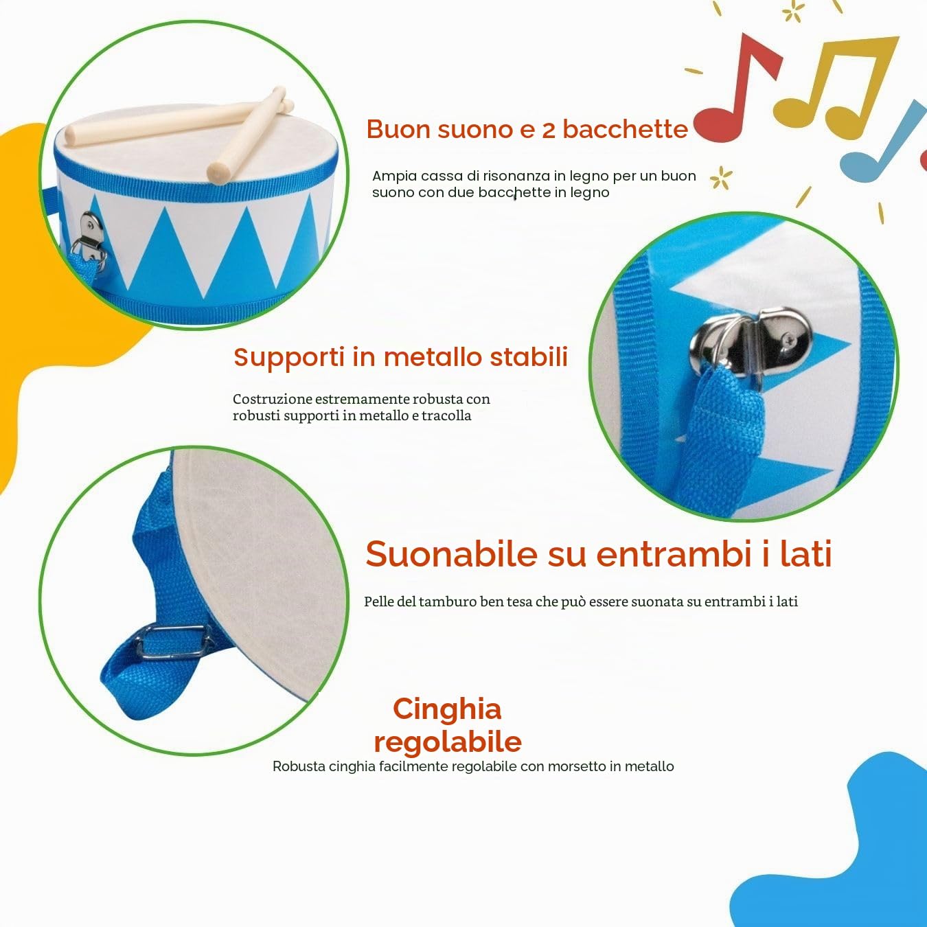 Tamburo per bambini blu bianco strumento musicale in legno con tracolla e bastoncini D: 20 cm - 3845