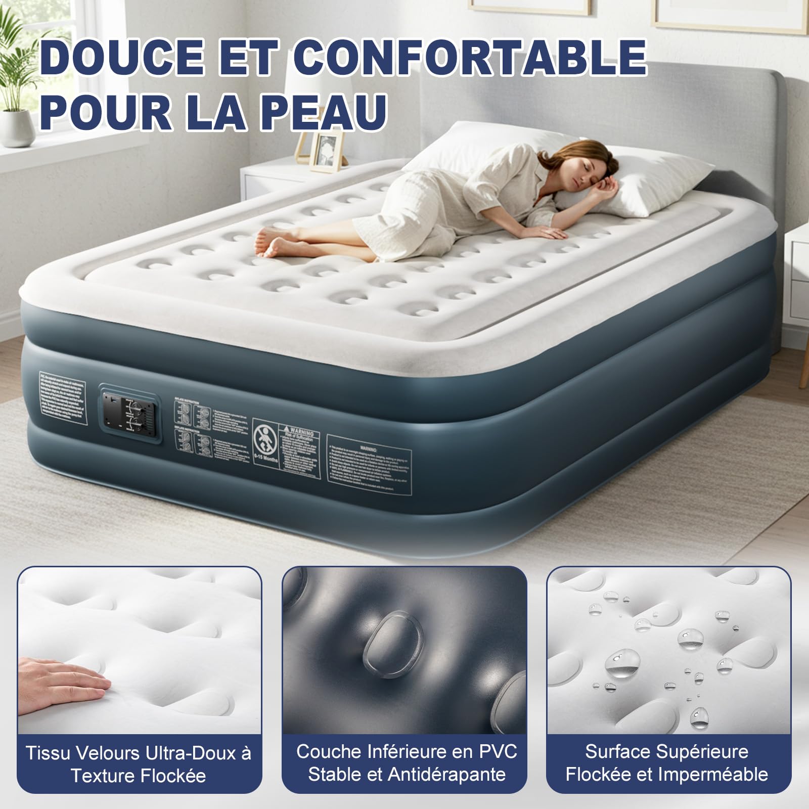 Bonnlo Matelas de Camping Pliable avec Pompe électrique, Matelas Gonflable Autogonflant avec Surface en Velours, pour 2 Personnes (Gris-Blanc et Gris Foncé, 203 x 152 x 45 cm)