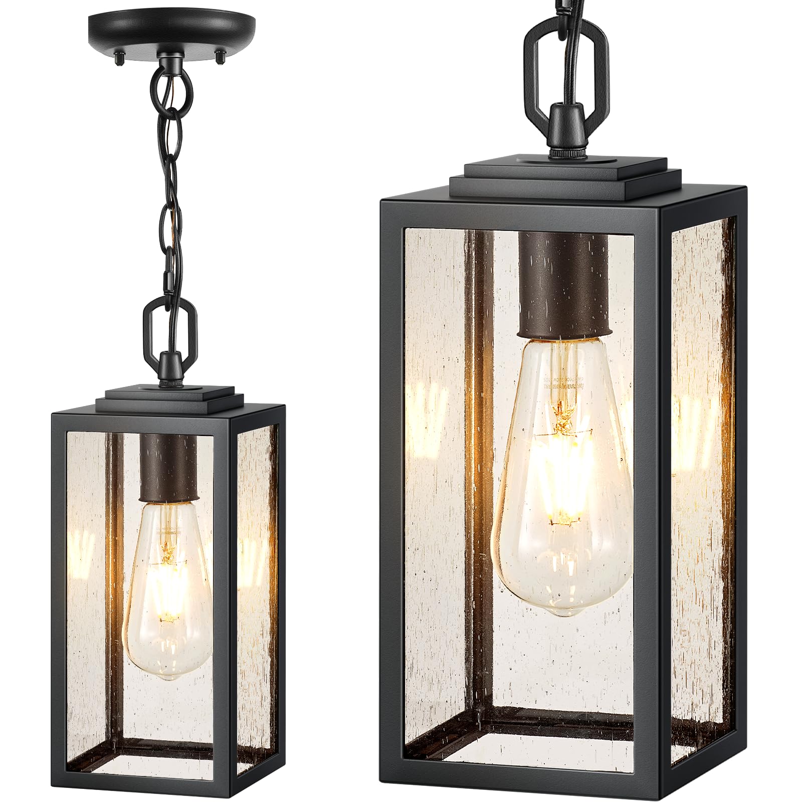 VIANIS Outdoor Hanging Lights, Exterior Pendant Light Fixtures for Front Porch, Modern Black Exterior Patio Lighting with Tempered Seeded Glass, Anti-Rust Adjustable Chain Outdoor Chandelier Lantern