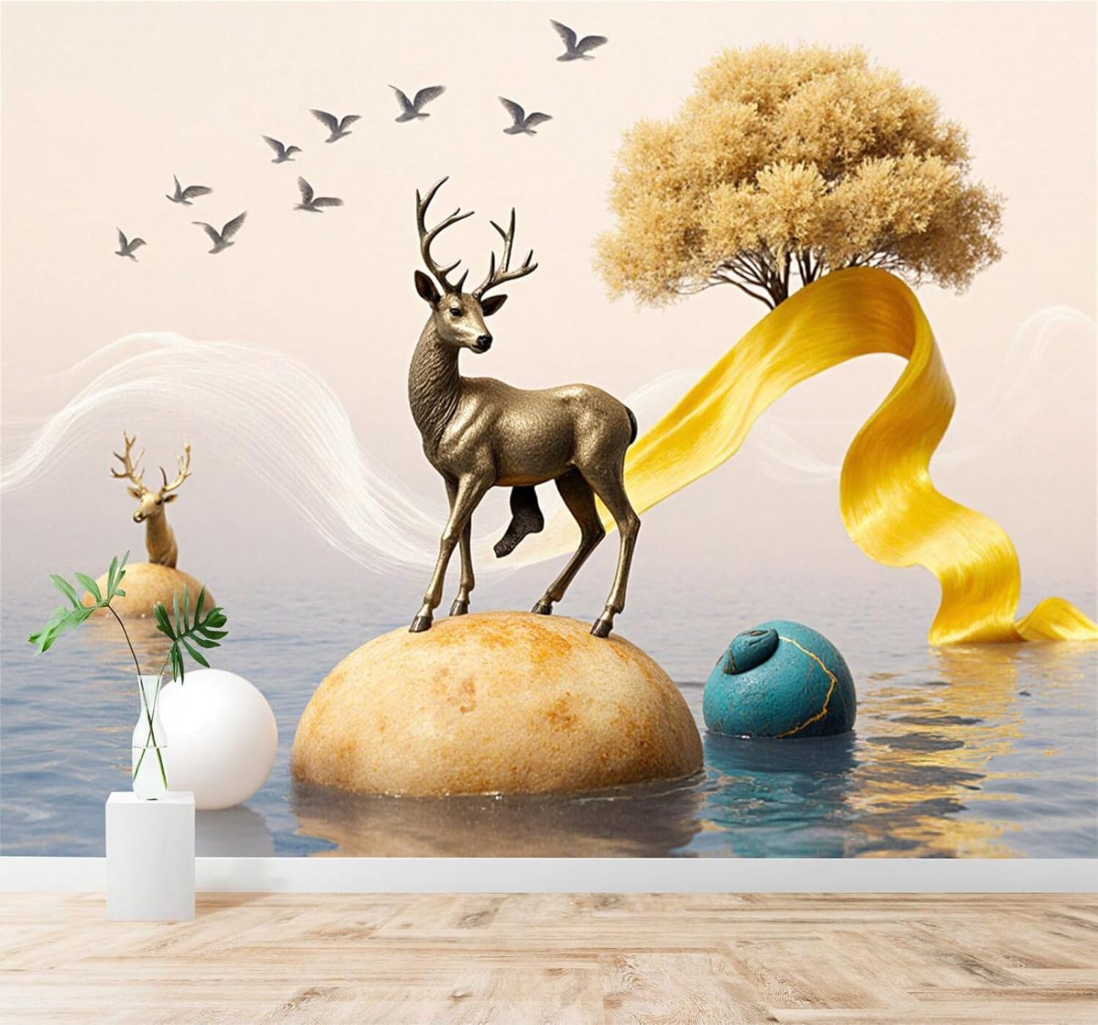 XLMING Golden Deer Trees Birds in Flight Lakes Scenery 3D Wallpaper Premium Textured Silk Study Dining Living Room Bedroom Sofa TV Wall Easy Install-350cm×256cm