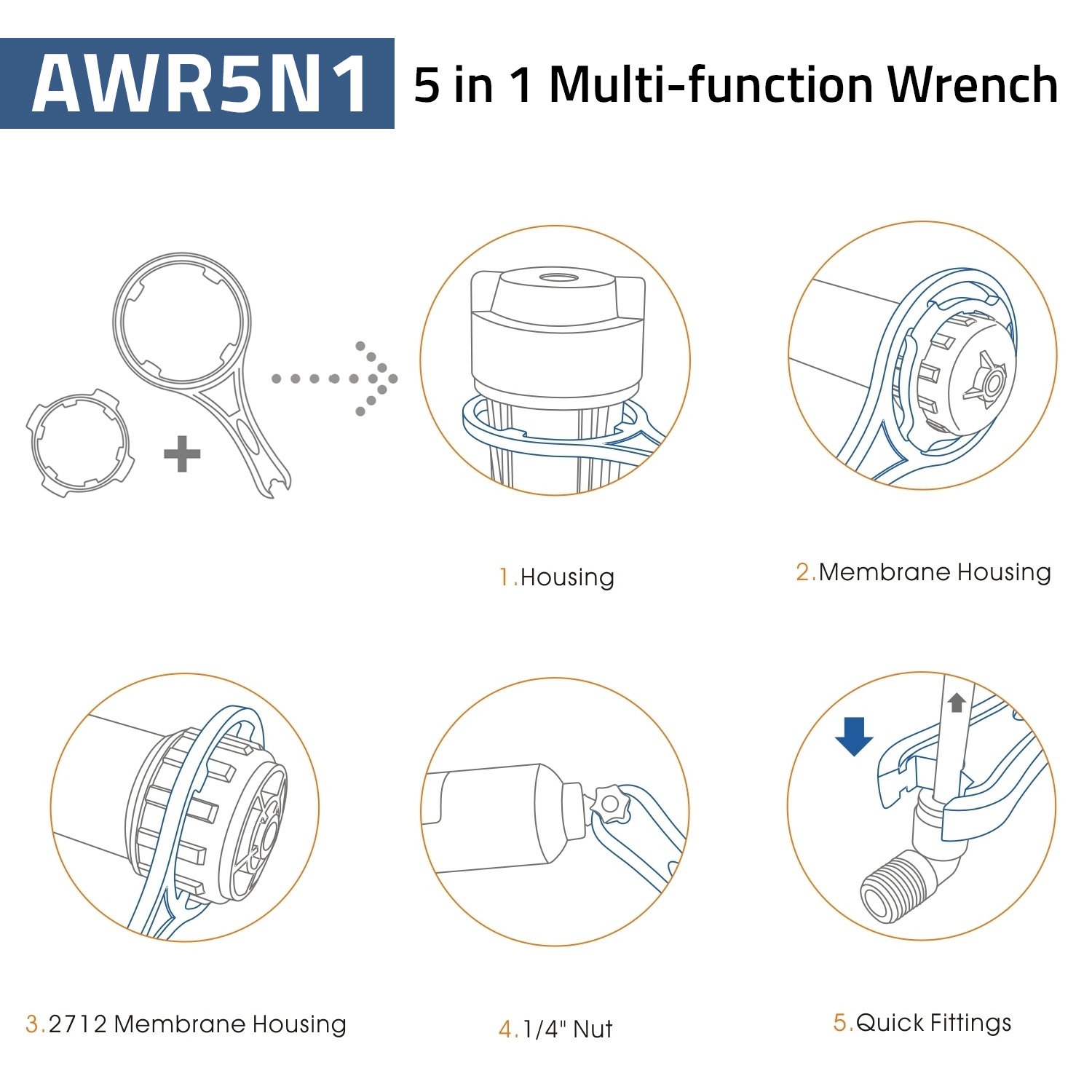 iSpring AWR5N1 Multi-functional Water Filter Housing Wrench - For RO Membrane Housings, RO Pre-filter Housings, 2712 Membrane Housings, ¼” Nuts, and Quick Fittings