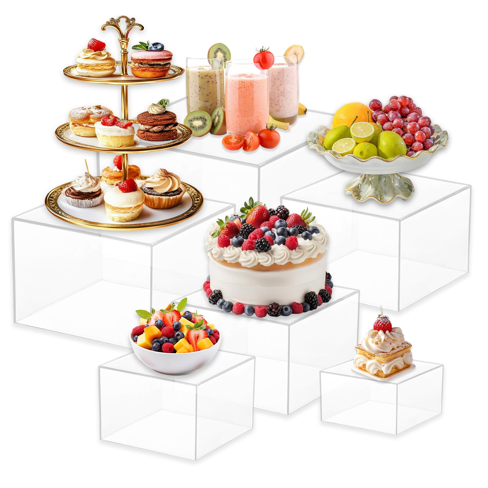 6er-Set Buffetständer aus Acryl, durchsichtige Ausstellungsständer mit hohlem Sockel, 6 verschiedene Größen, Buffet-Accessoires für Speisen, Desserts, Schmuckfiguren, für Weihnachtsfeiern
