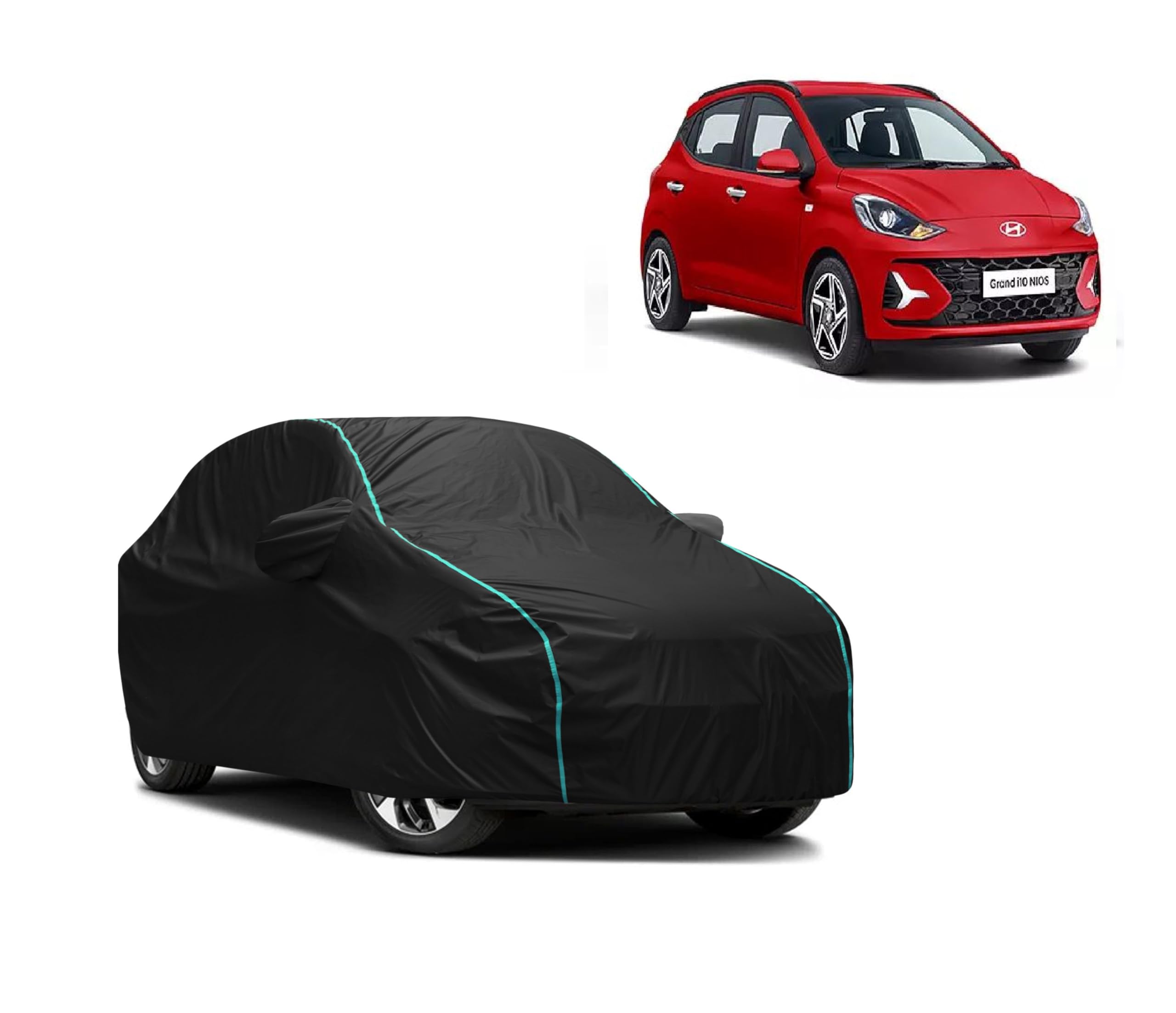 Car Body Cover Compatible with Hyundai Grand i10 Nios Custom Fit Dustproof UV Heat Resistant Indoor Outdoor Triple Stitch, 2 Buckle with Strong Strap (Grey & Aqua Piping)