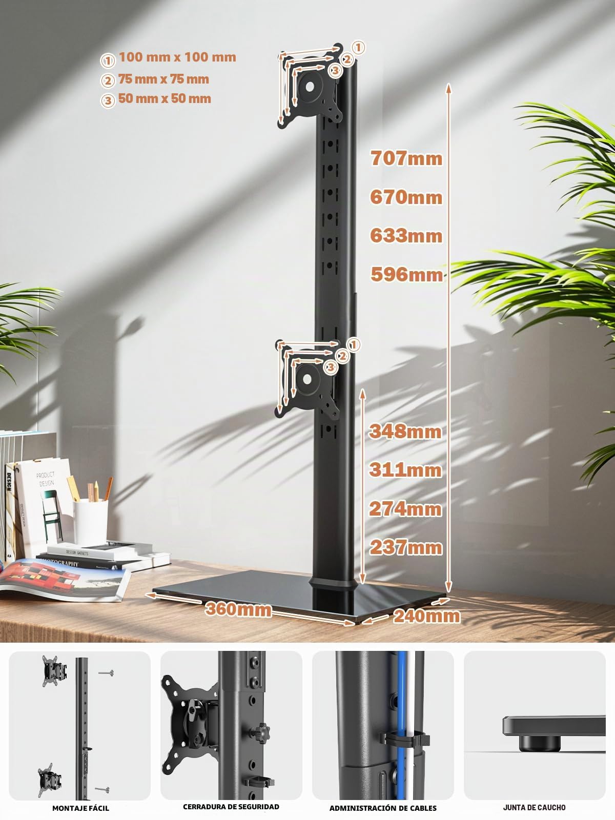 Hemudu - Soporte para monitor doble (vertical, apilable, se adapta a dos pantallas de 13 a 34 pulgadas con giro, inclinación, altura ajustable, soporta una (1) pantalla de hasta 20 kg,HT05B-002P