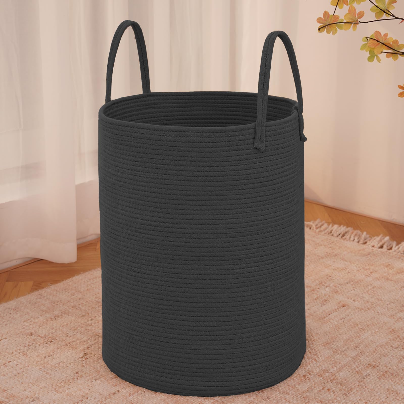 Large Woven Laundry Basket Hamper,80L Cotton Rope Storage Bin for Blankets,Toys and Clothes,Decorative Tall Nursery Hamper for Living Room,Baby Nursery,Bathroom and Bedroom,Black