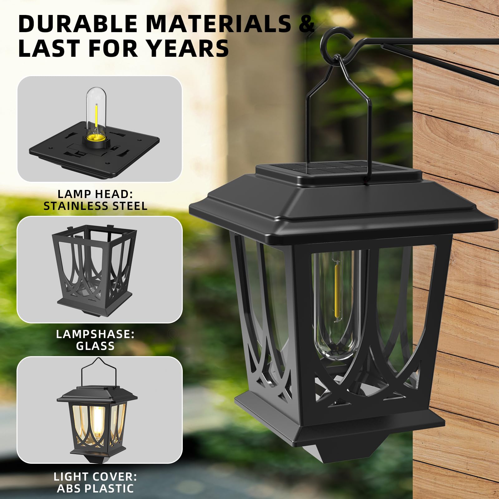 Faroles solares impermeables para exteriores, paquete de 2 unidades, luces solares LED colgantes de vidrio con soporte de pared para valla de patio, gallinero, invernadero, color negro
