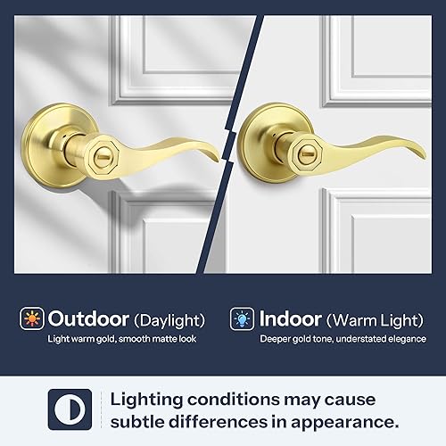 Miniatura 6 de Manija de puerta estilo ondulado, manija de puerta de privacidad dorada cepillada, manija interior dorada sin llave, reversible para apertura a la