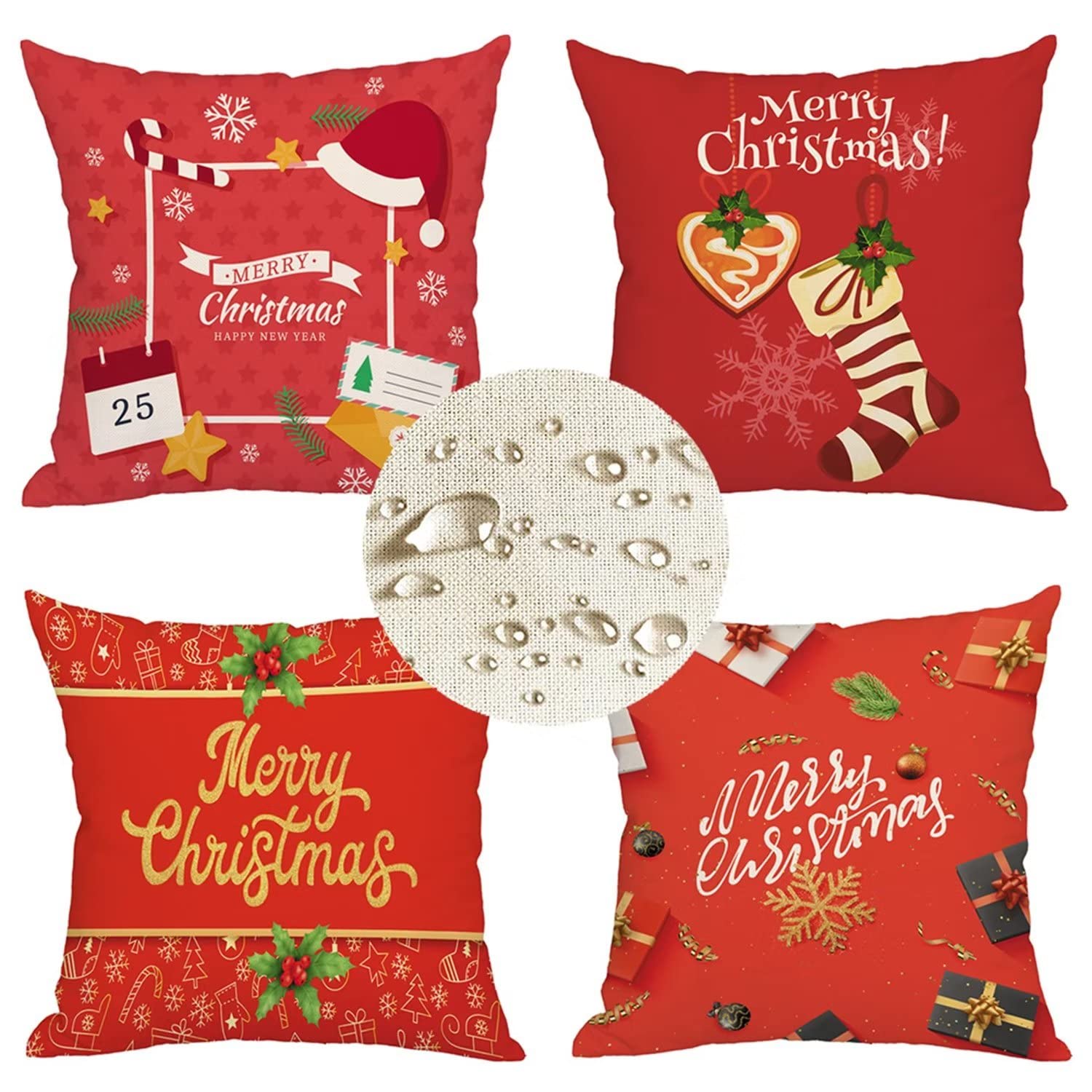 Kissenbezug 60x60cm 4er Set Rote Weihnachten Deko Kissen Kissenhülle, Beidseitiger Druck Leinen Dekokissen, Outdoor wasserdichte Kissenbezüge groß Sofakissen, deko Schlafzimmer wohnzimmer Gifts J32