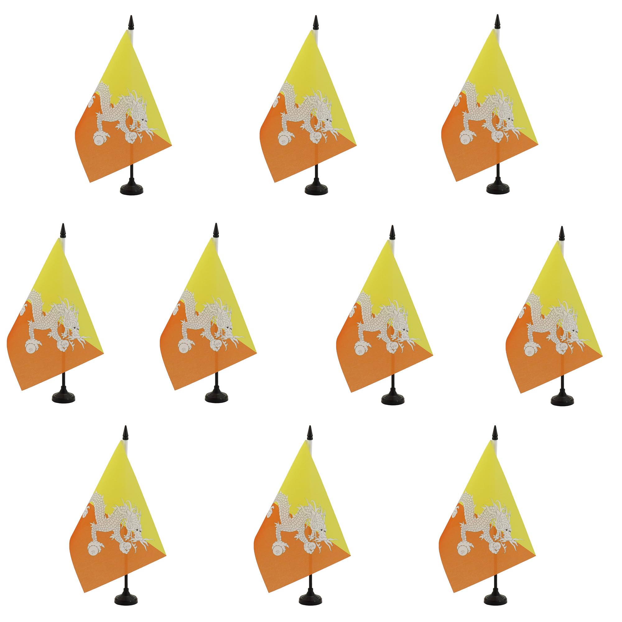 AZ FLAG - Set of 10 Bhutan Table Flag 5'' x 8'' - 10 Small Bhutanese Office Flags 100% Polyester 21 x 14 cm - Mini Desk Flag with 10'' Pole and Black Plastic Base — image 1