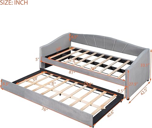 Miniatura 2 de Sofá cama nido con cama nido, tamaño individual, tapizada, de tela, marco de tablillas, soporte para dormitorio, sala de estar, no necesita caja de