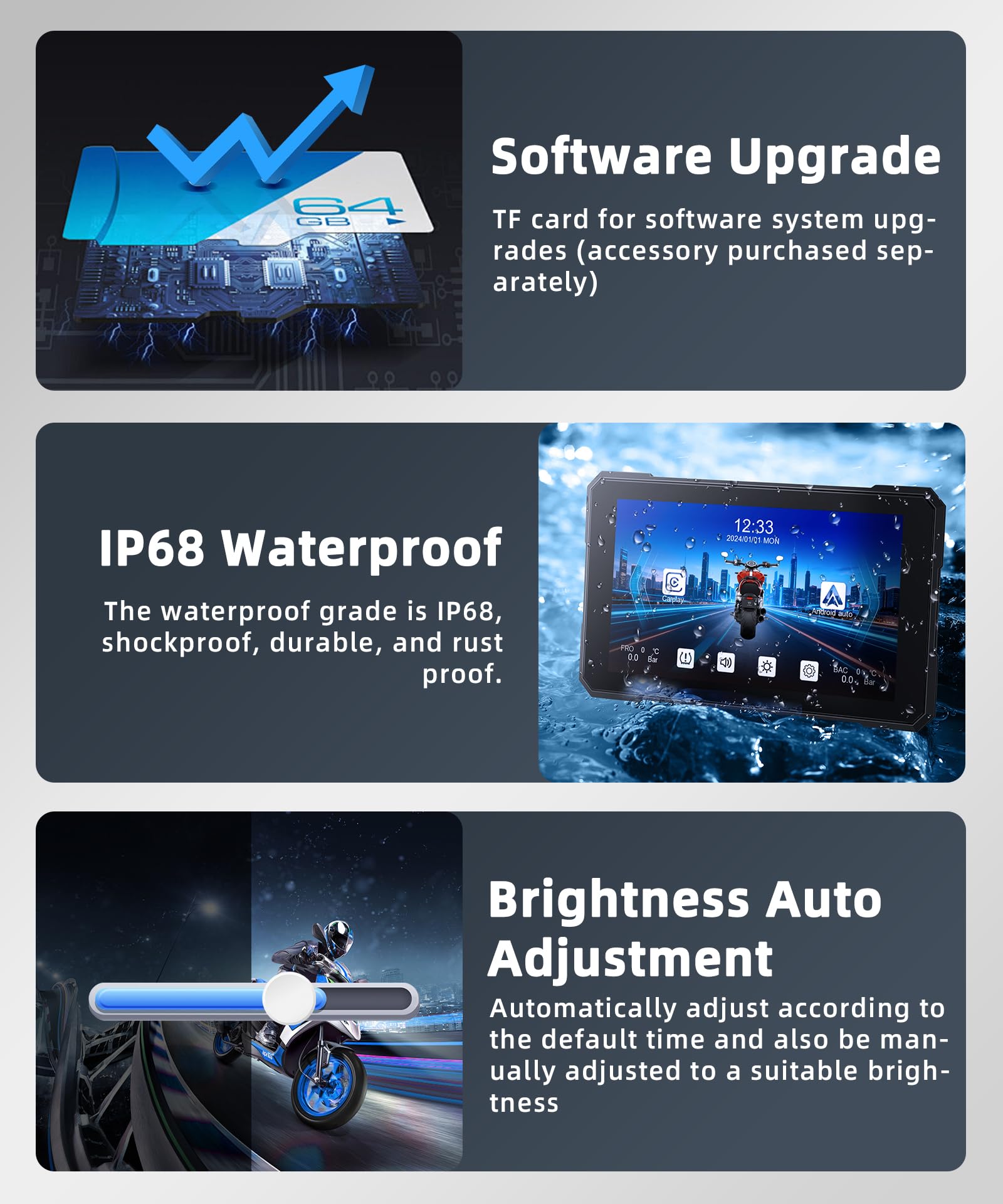 CarPlay Wireless per moto 5 pollici IPS Touchscreen Wireless Android Auto, touch screen impermeabile portatile Car Play, GPS CarPlay per moto, controllo vocale di sicurezza, controllo della pressione
