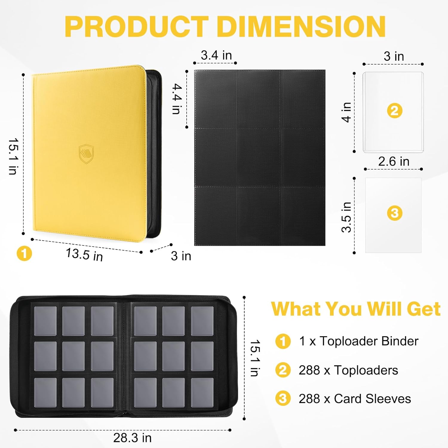 Top Loader Binder, Holds 288 Toploaders, 288 Toploaders and 288 Card Sleeves INCLUDED, 9-Pocket Top Loader Binder for 3" x 4" Rigid Toploaders, Double-Sided Card Binder for TCG, Sport Cards