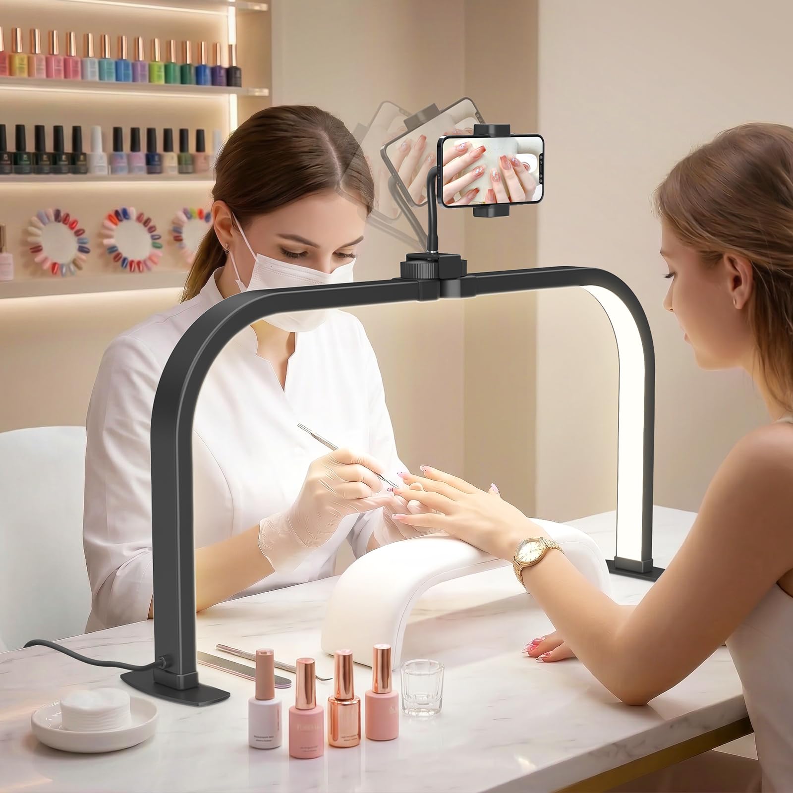 Lampara Media Luna Manicura: 29in Lampara Manicura para Principiantes - 3 Modos de Color y 10 Niveles de Brillo Ajustables Lampara Arco LED Mesa para Cosméticos Lectura - Negro