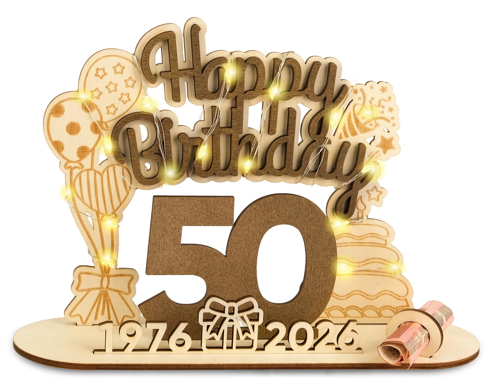 ARTREE Originelle 2026 Geburtstag 50 Geschenk Frau Mann 1976-2026, 50 Geldgeschenke Geburtstag, Holz-Schild Gästebuch mit LED Lichterkette - 50. Geburtstag Frauen & Männer Geschenk Geburtstag Deko