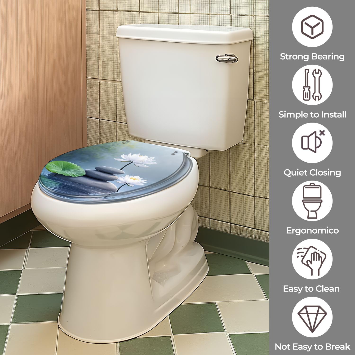 Asiento de inodoro redondo de resina blanca con bisagras de cierre suave para baño.