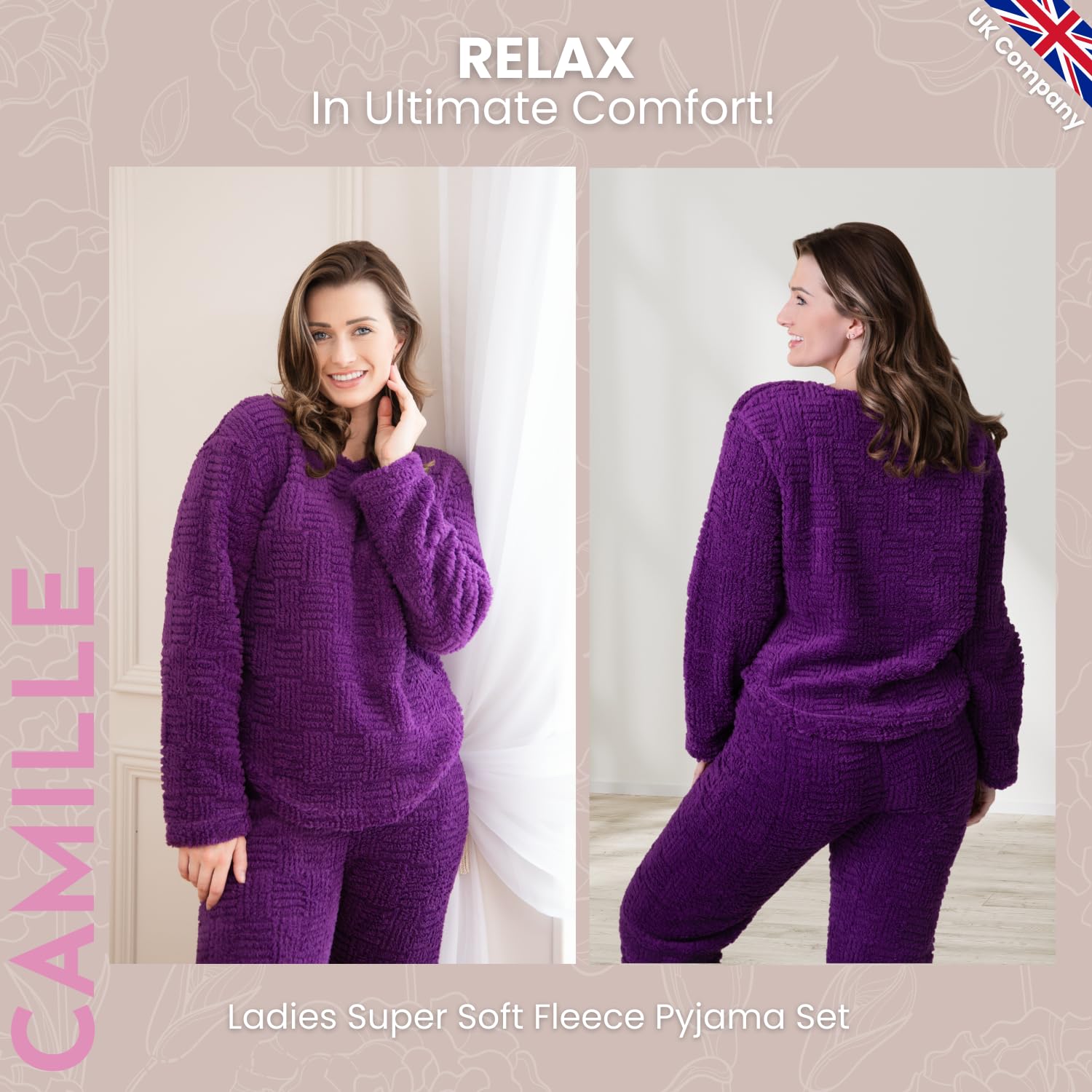 Camille Pyjamas pour Femmes Ensemble De Vêtements De Détente en Polaire Sherpa Jacquard Super Doux avec Motif Tissé Crème Et Détails De Corde - Col Ras du Cou à Manches Longues avec Taille élas