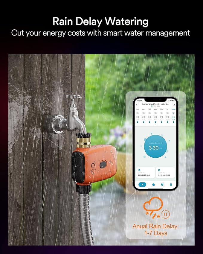 Constructed with sturdy brass inlets and featuring an IP55 waterproof rating, the Lumary garden hose timer is built to withstand harsh outdoor conditions for long-term use. The smart connectivity allows you to pair the timer with the Lumary app via the gateway, enabling you to control your watering schedule remotely. With advanced water-saving features, this sprinkler timer ensures your garden receives just the right amount of water, reducing waste and supporting a sustainable lifestyle. Please note that the product should not be used in winter when it is frozen, and it can be sprayed but not immersed in water. Each Lumary sprinkler timer includes the timer, gateway, waterproof adapter, US thread, waterproof tape, and manual. Description by ChatGPT.